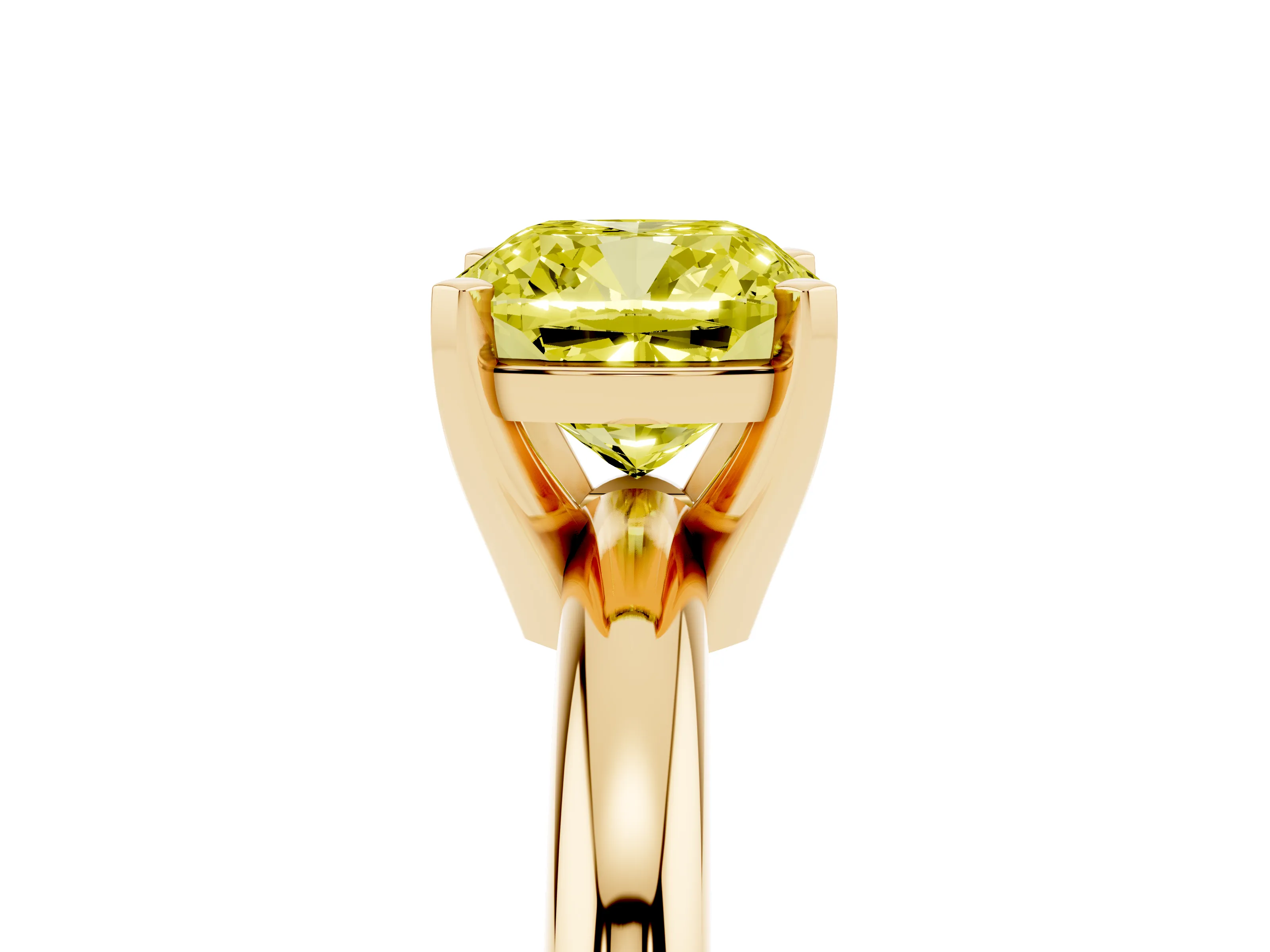 Fancy Yellow Cushion Cut Diamond Solitaire Engagement Ring Set in Yellow gold with Round Band and Prong Setting
