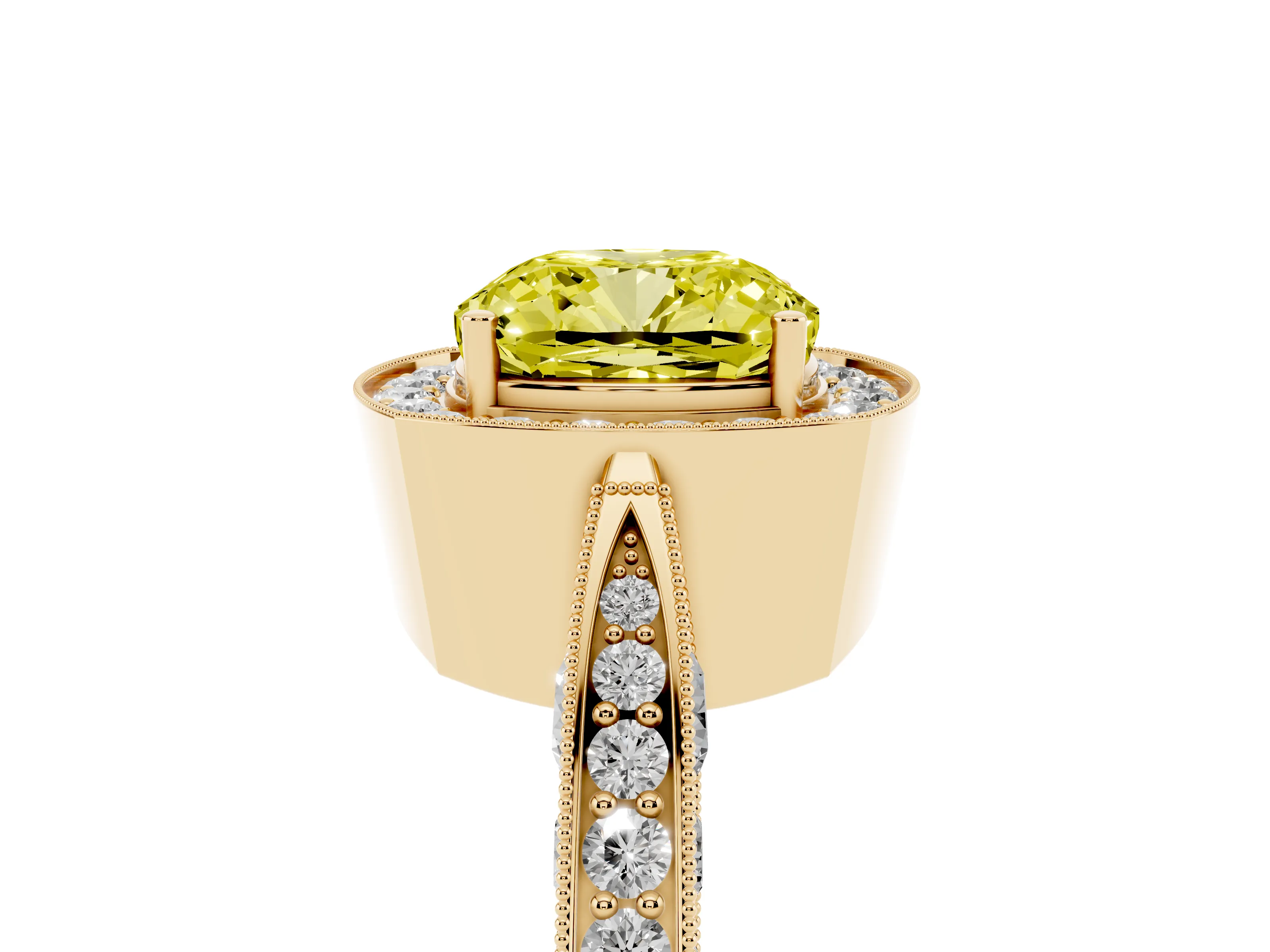 Fancy Yellow Cushion Cut Diamond Halo Engagement Ring Set in Yellow gold with Accent Split Shank Band