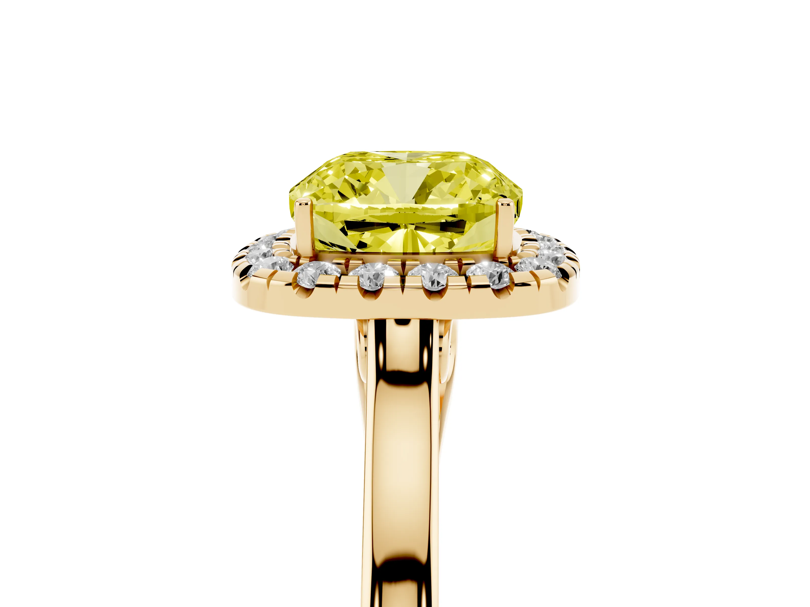 Fancy Yellow Cushion Cut Halo Round Diamond Solitaire Ring Set in Yellow gold with Pavé Band and Prong Setting