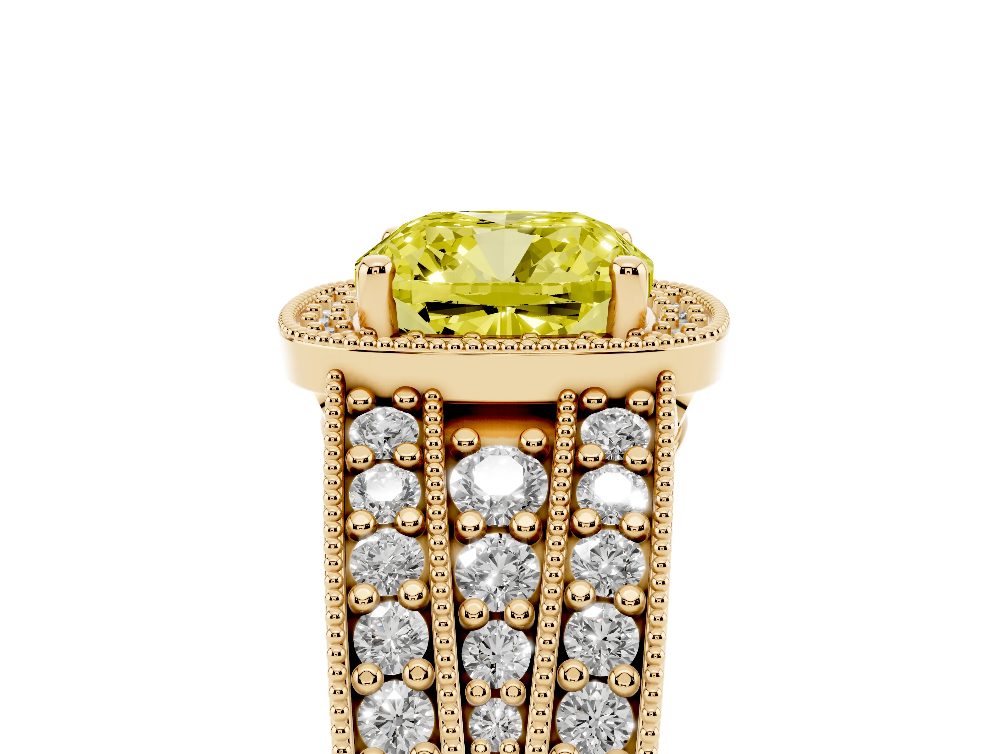 Fancy Yellow Cushion Cut Diamond Halo Ring Set in Yellow gold with Accent Split Shank and Prong Setting