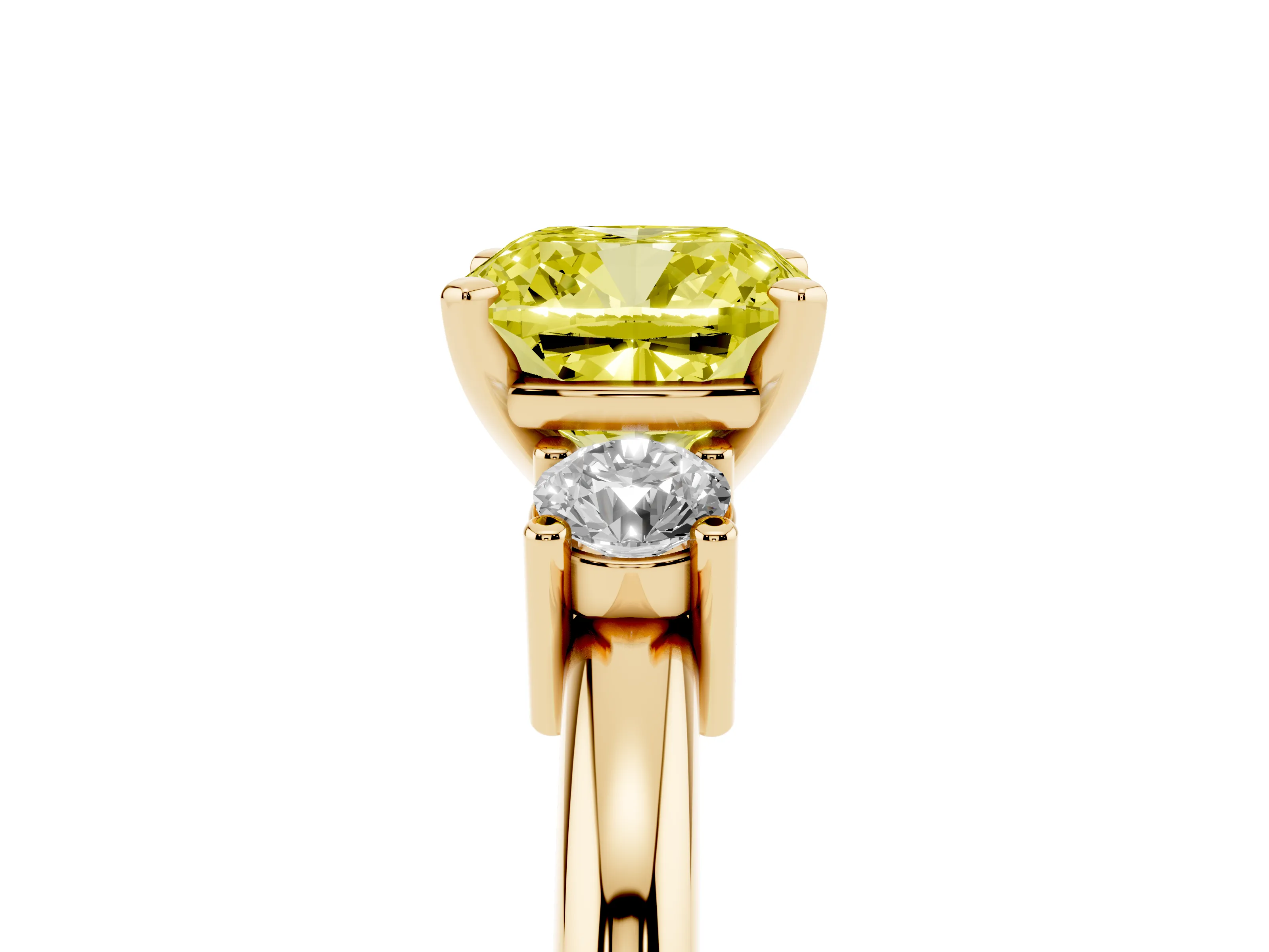 Fancy Yellow Three-Stone Cushion Cut Diamond Ring Set in Yellow gold with Prong Setting and Plain Band