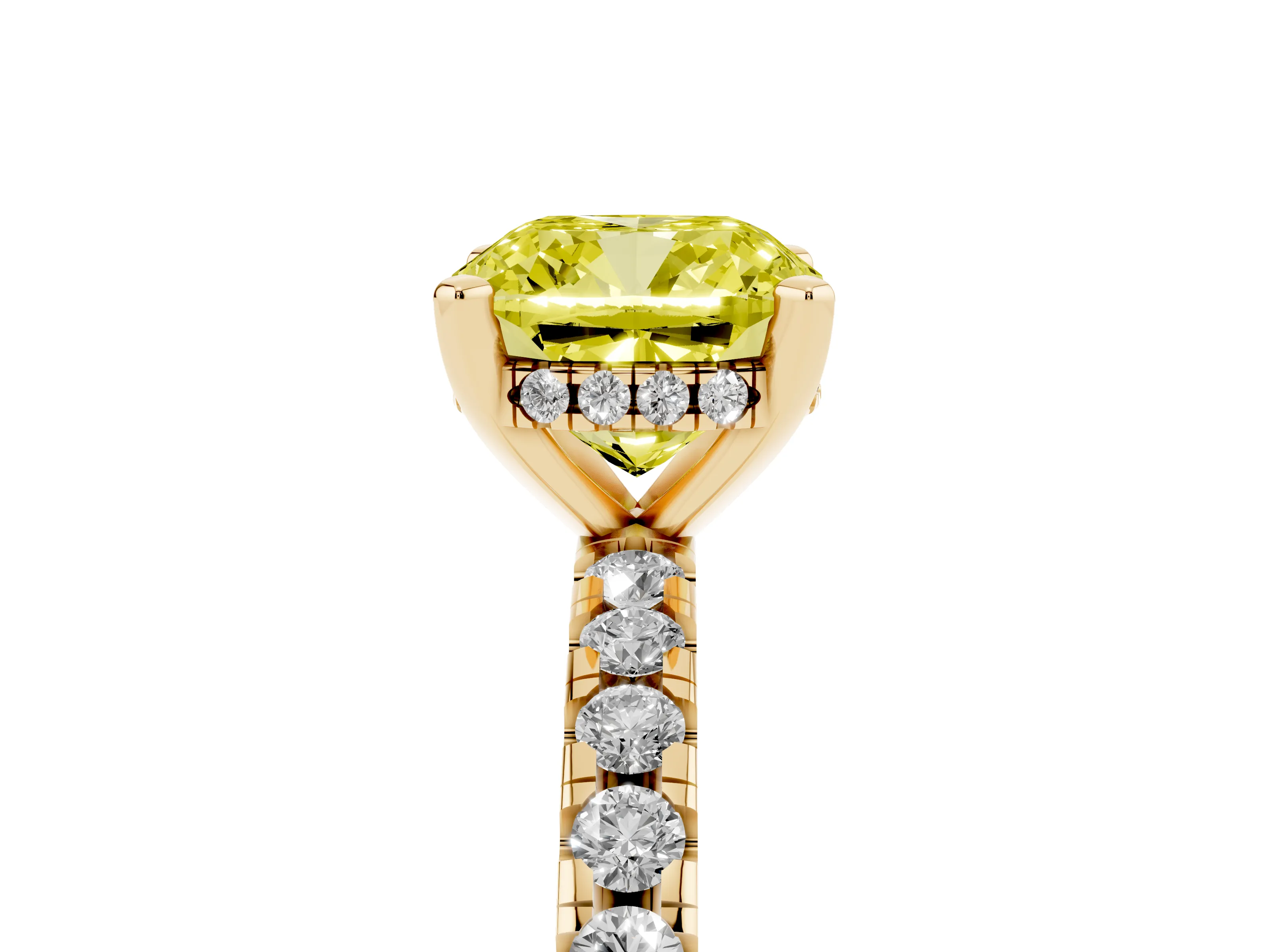Fancy Yellow Cushion Cut Diamond Pavé Solitaire Ring Set in Yellow gold with Round Band Accents and Prong Setting