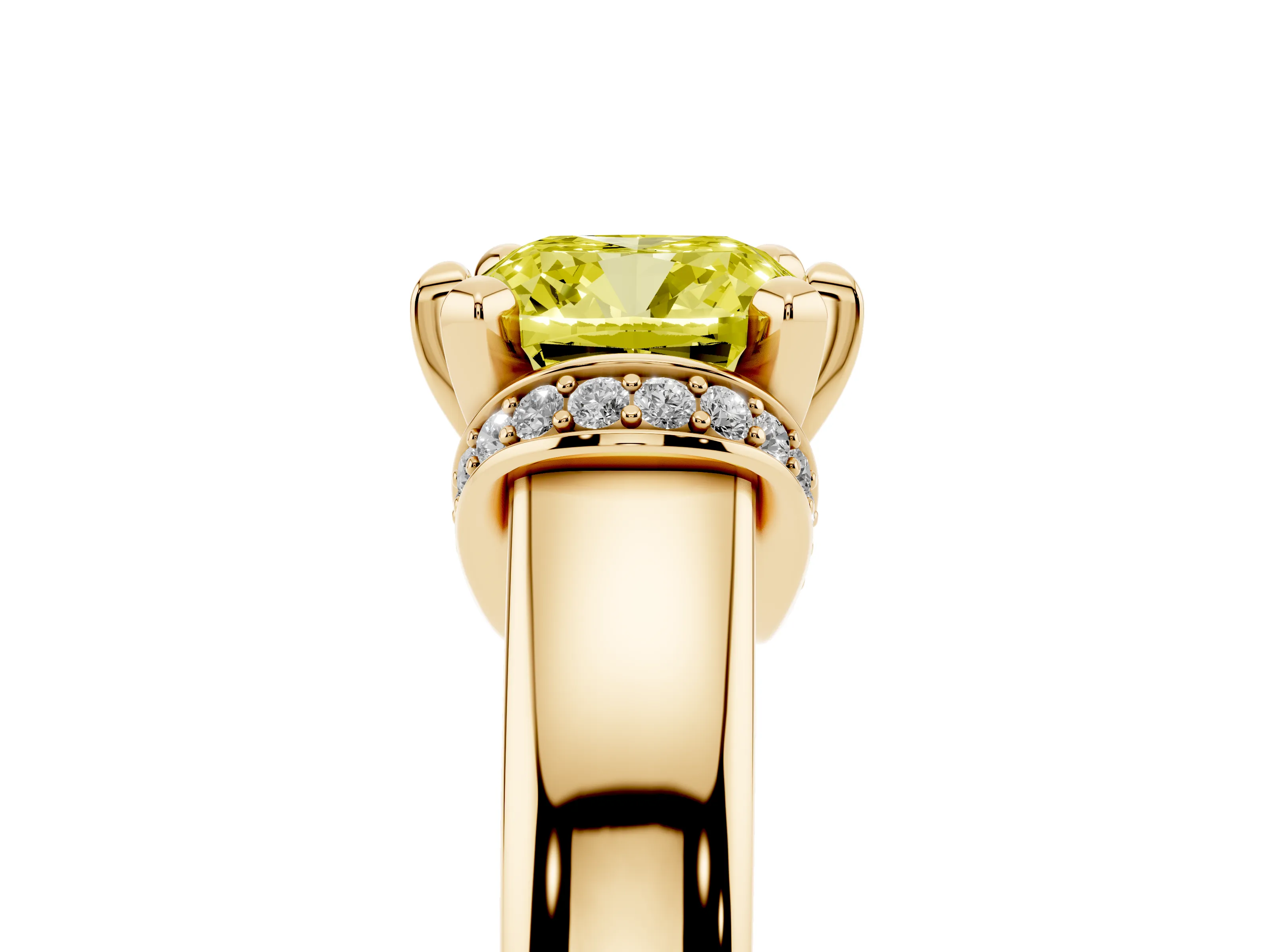 Fancy Yellow Cushion Cut Diamond Pavé Band Solitaire Ring Set in Yellow gold with Prong Setting