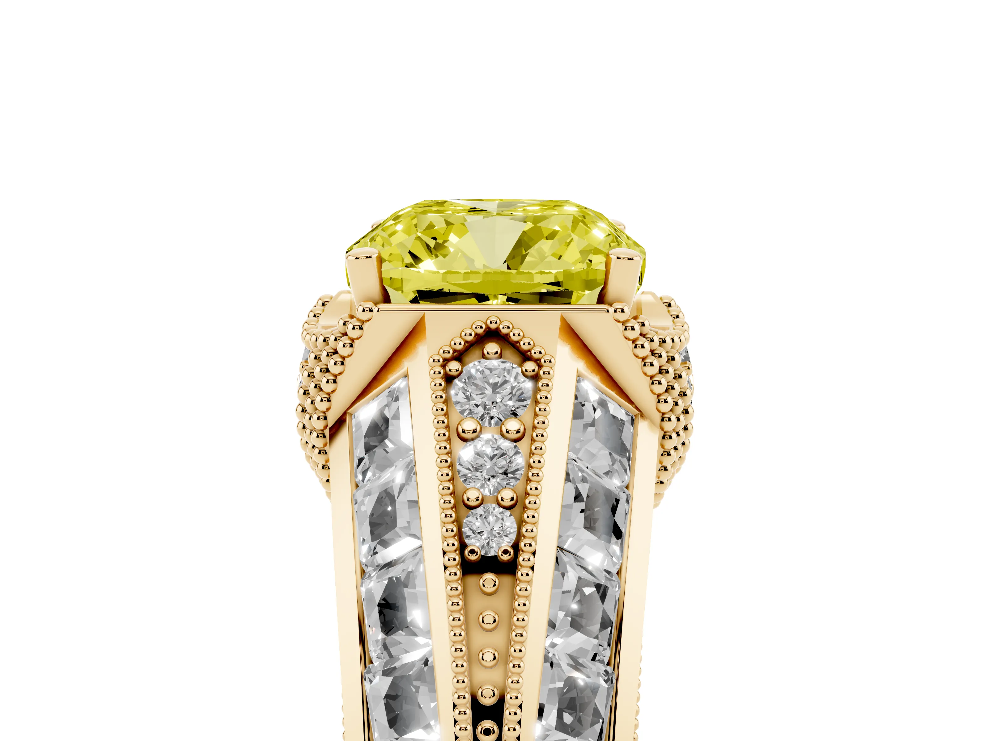 Fancy Yellow Cushion Cut Diamond Vintage-Inspired Milgrain Ring Set in Yellow gold with Accent Split Shank