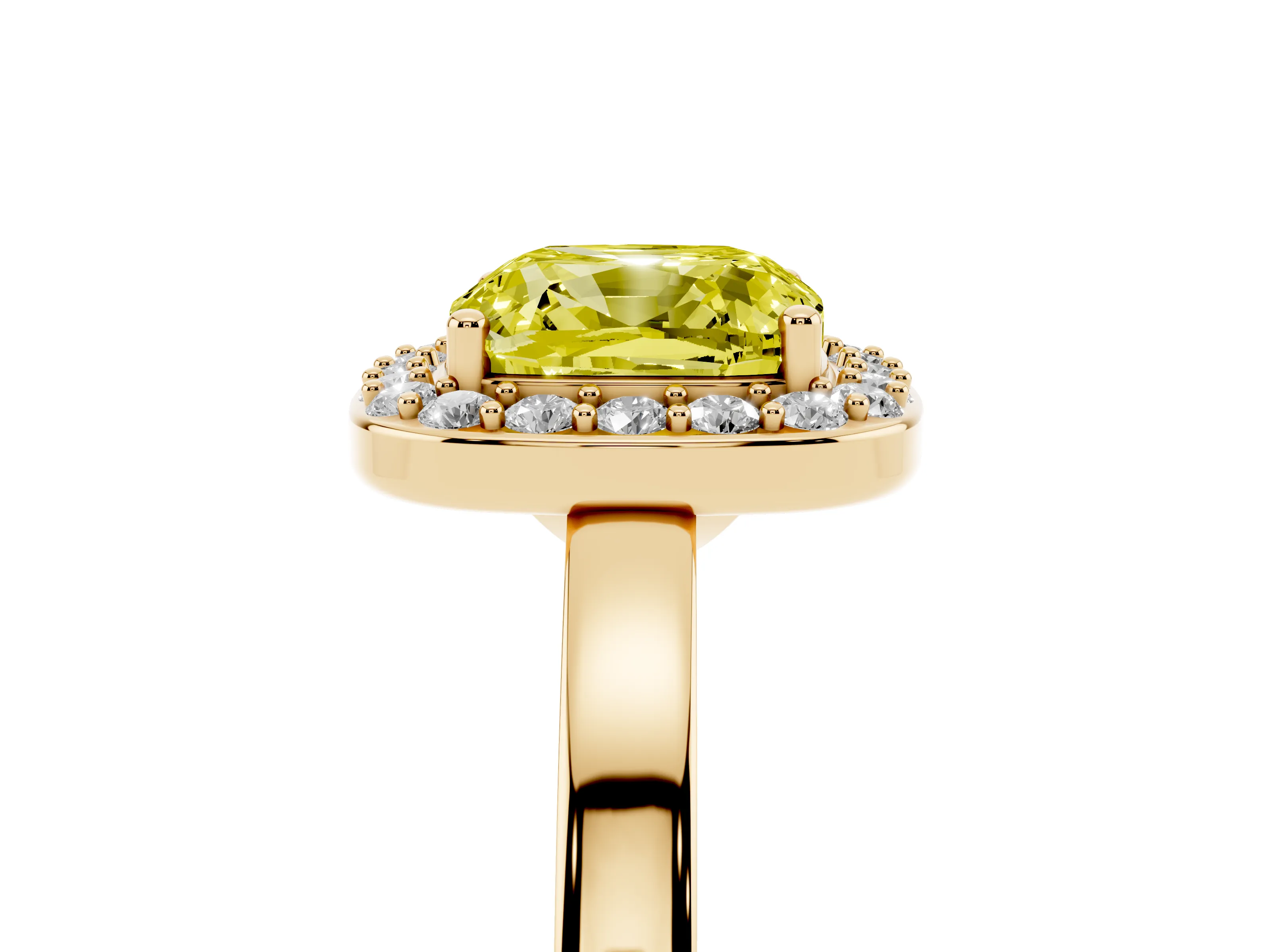 Fancy Yellow Cushion Cut Diamond Halo Ring Set in Yellow gold with Solitaire Band and Prong Setting