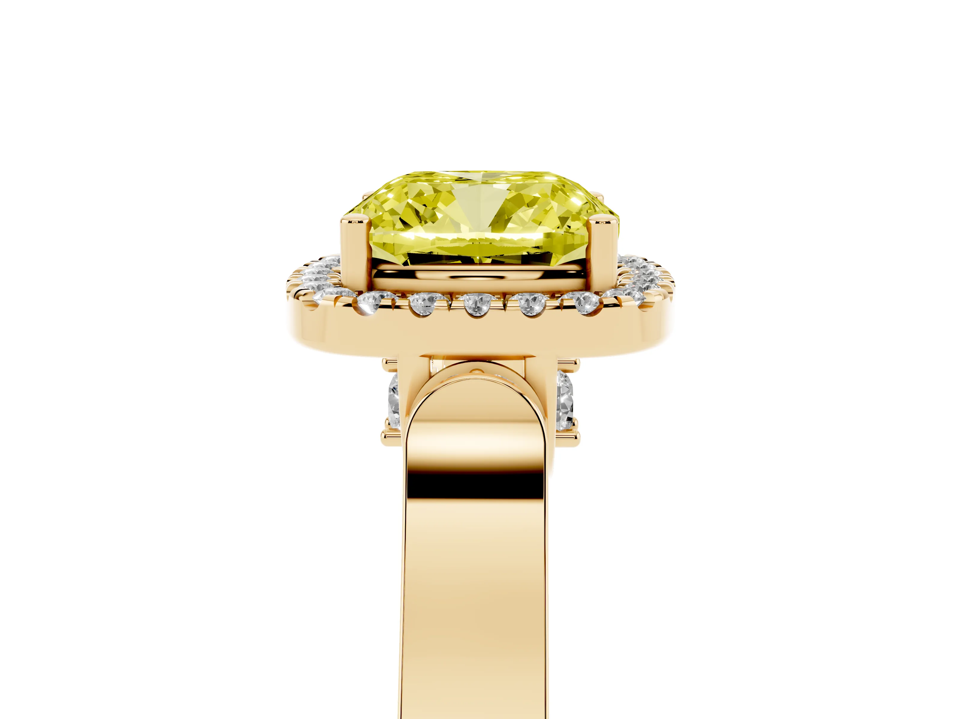 Fancy Yellow Cushion Cut Diamond Halo Ring Set in Yellow gold with Pavé-Lined Split Shank Band