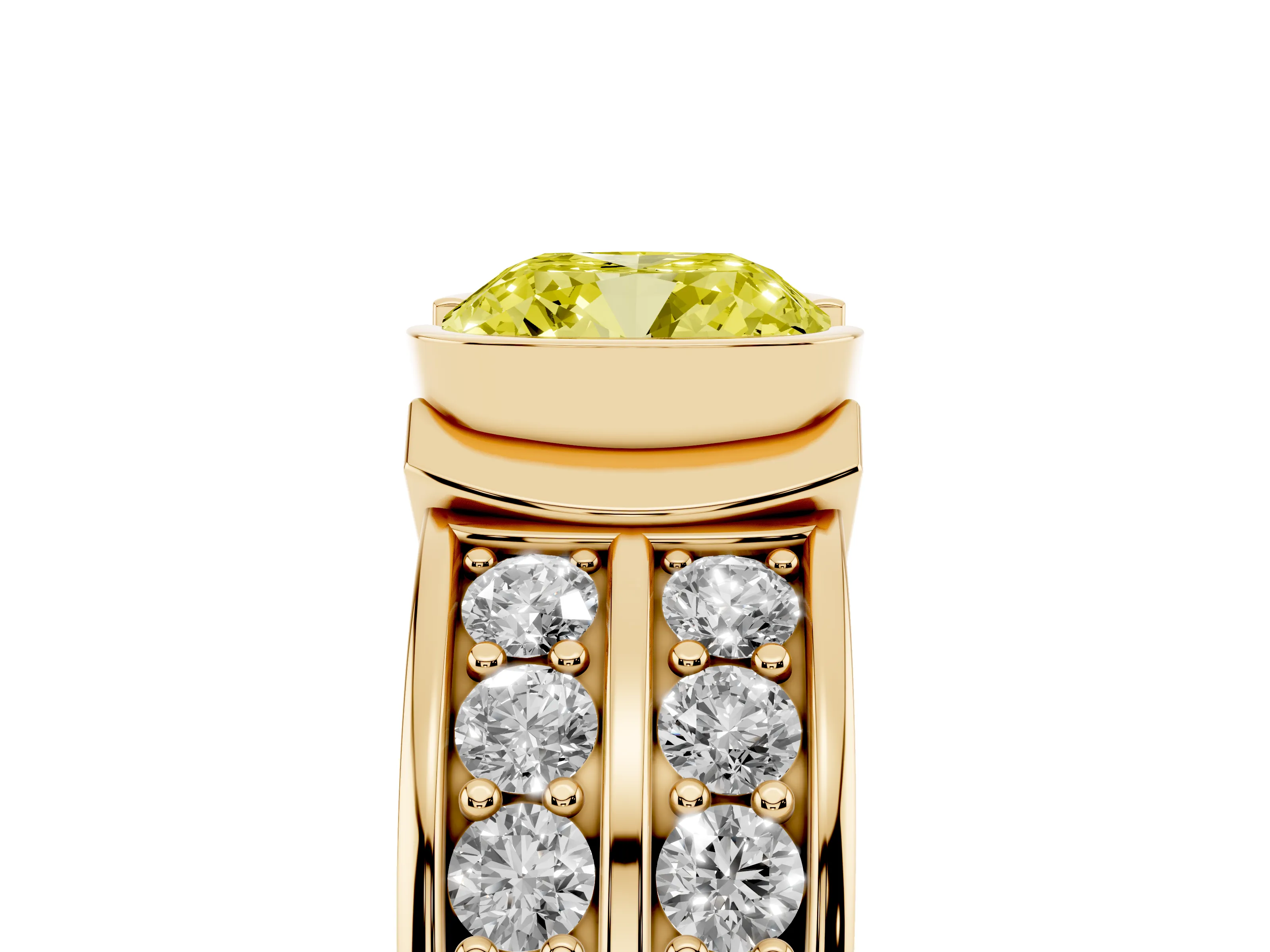 Fancy Yellow Cushion Cut Diamond Wide Channel Set Band Ring Set in Yellow gold with Bezel Setting