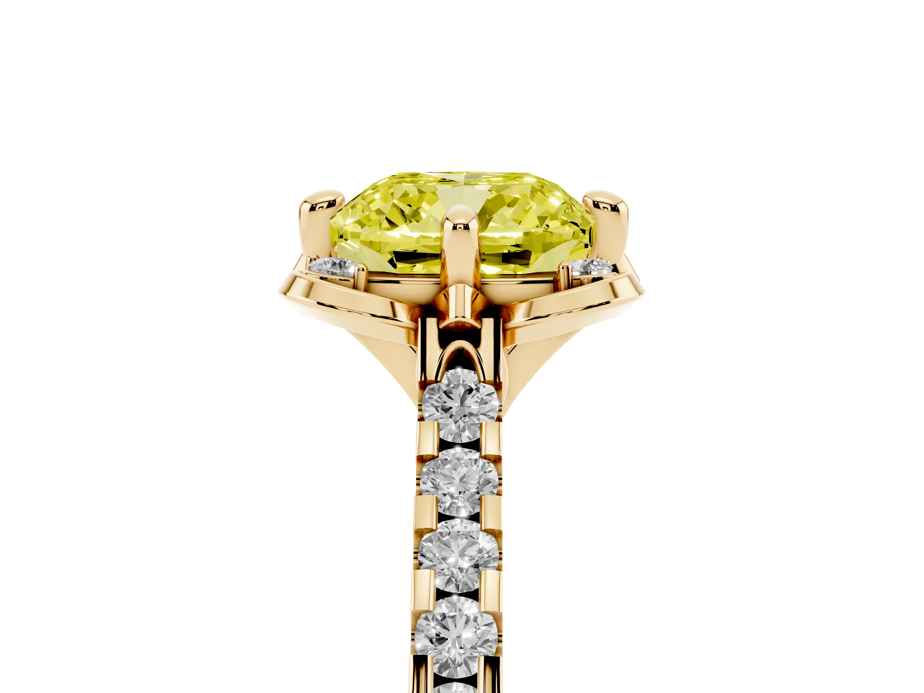 Fancy Yellow Cushion Cut Diamond Solitaire Ring Set in Yellow gold with Pavé Band and Floral Prong Setting