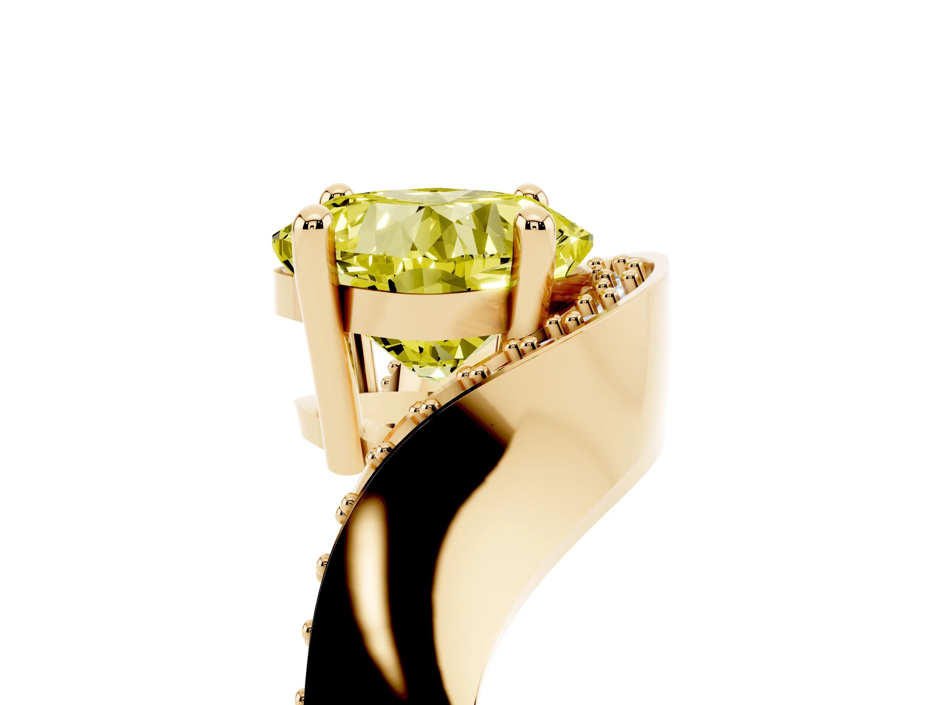 Fancy Yellow Cushion Cut Diamond Solitaire Engagement Ring Set in Yellow gold with Pavé Shoulders