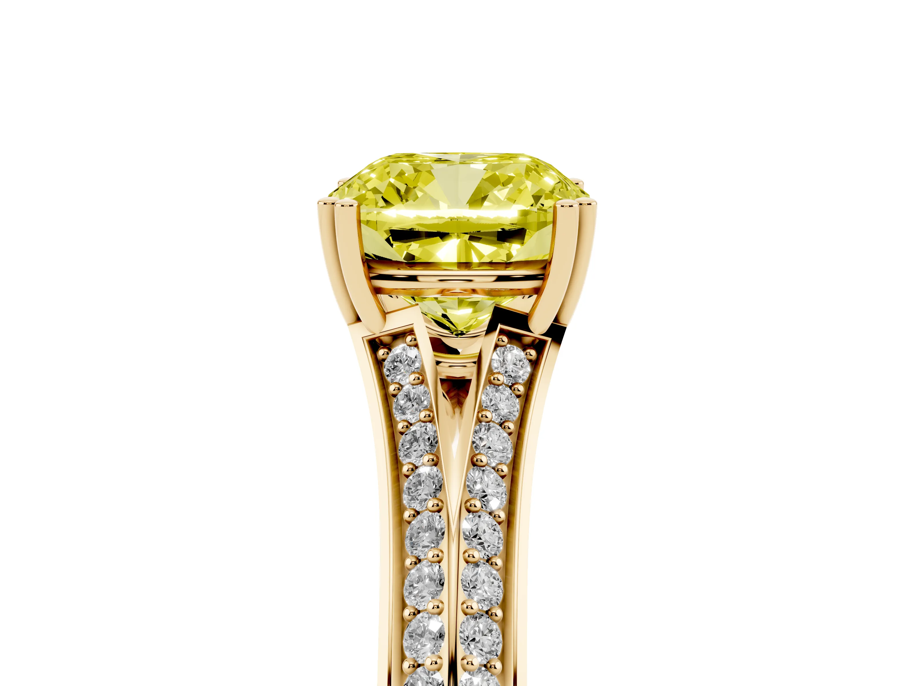 Fancy Yellow Cushion Cut Diamond Split Shank Pavé Engagement Ring Set in Yellow gold with Prong-Set Center Stone