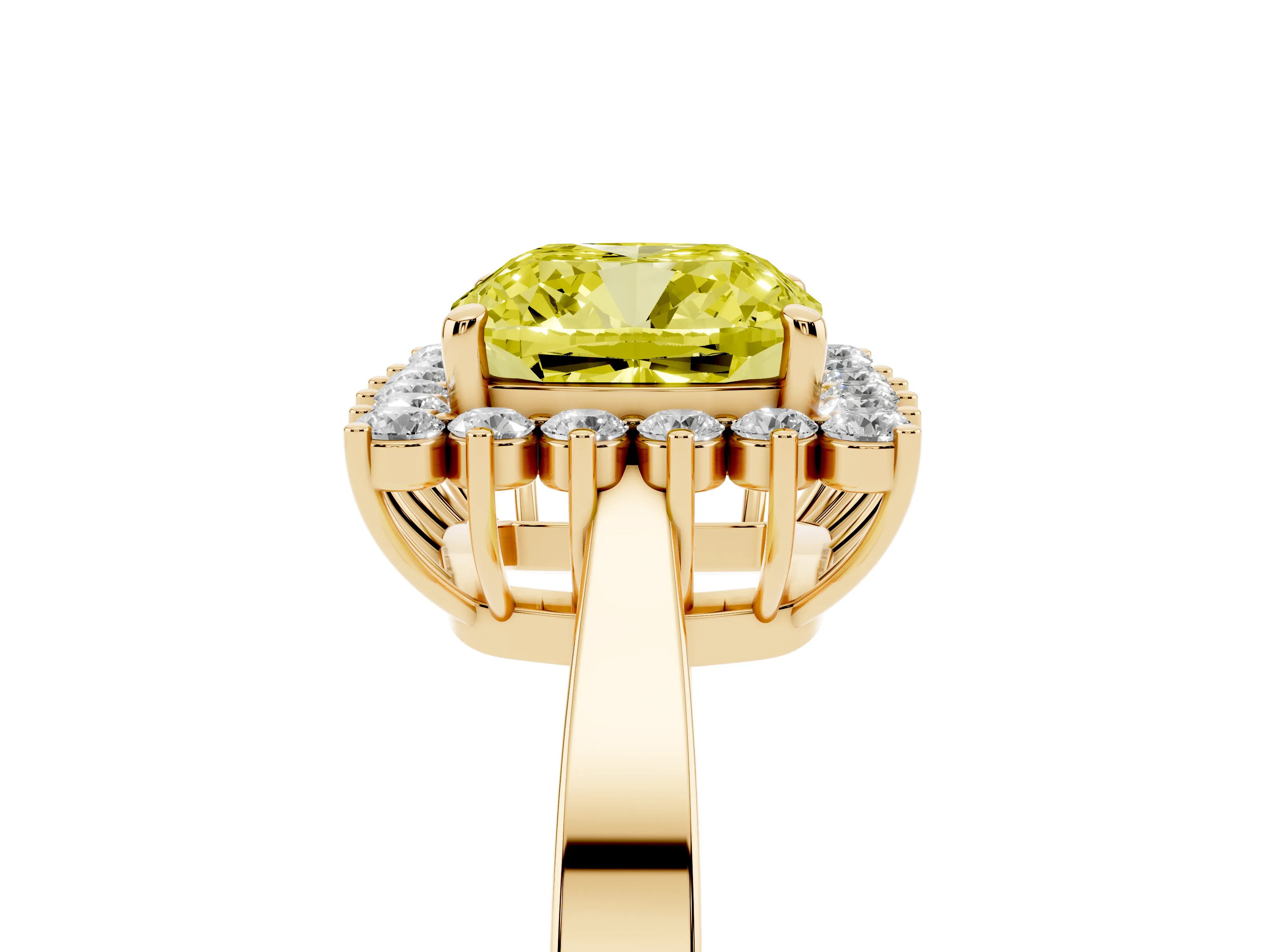 Fancy Yellow Cushion Cut Diamond Halo Ring Set in Yellow gold with Round Halo and Smooth Solitaire Band
