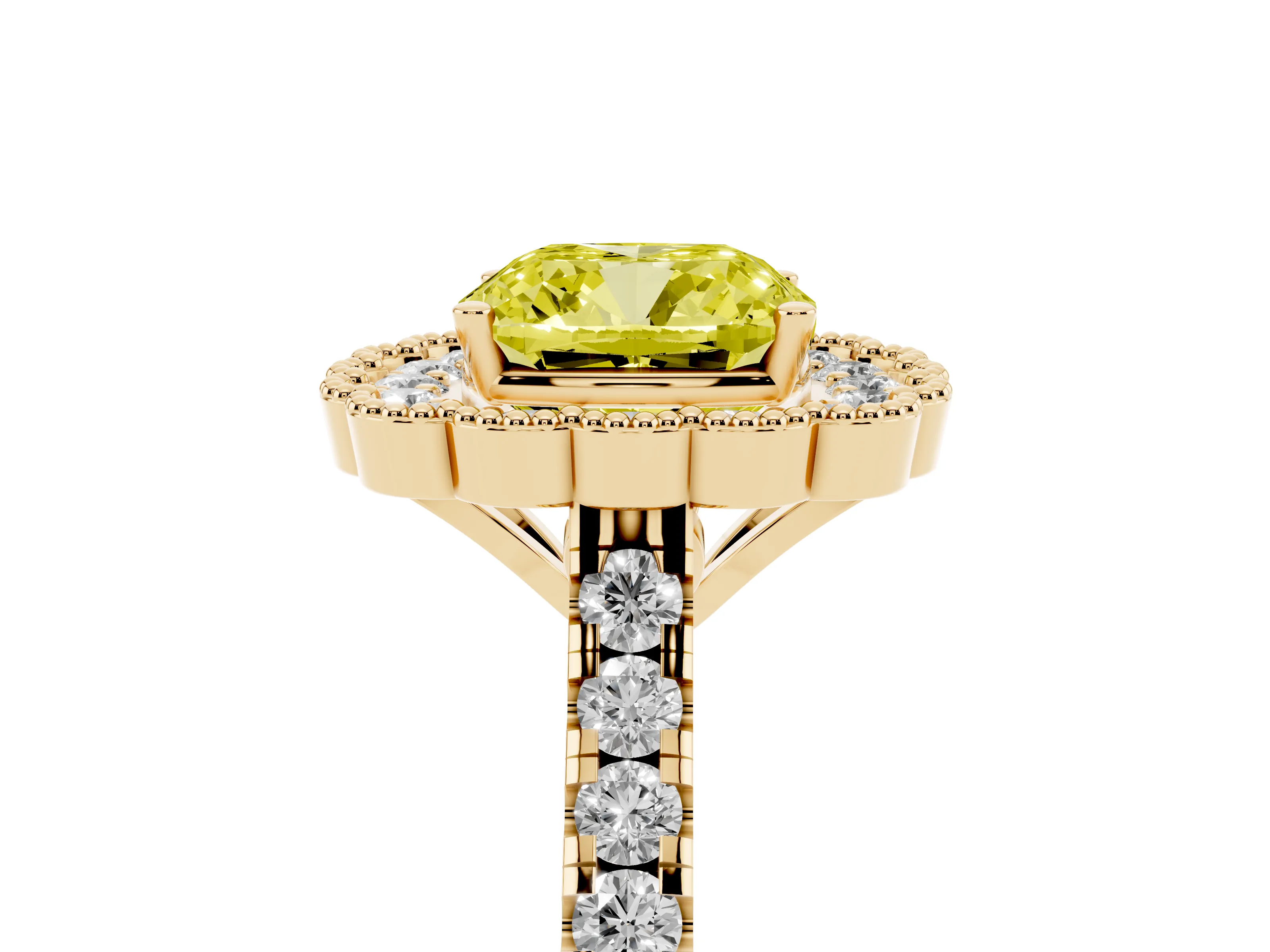 Fancy Yellow Cushion Cut Diamond Milgrain Floral Halo Engagement Ring Set in Yellow gold with Pavé Band