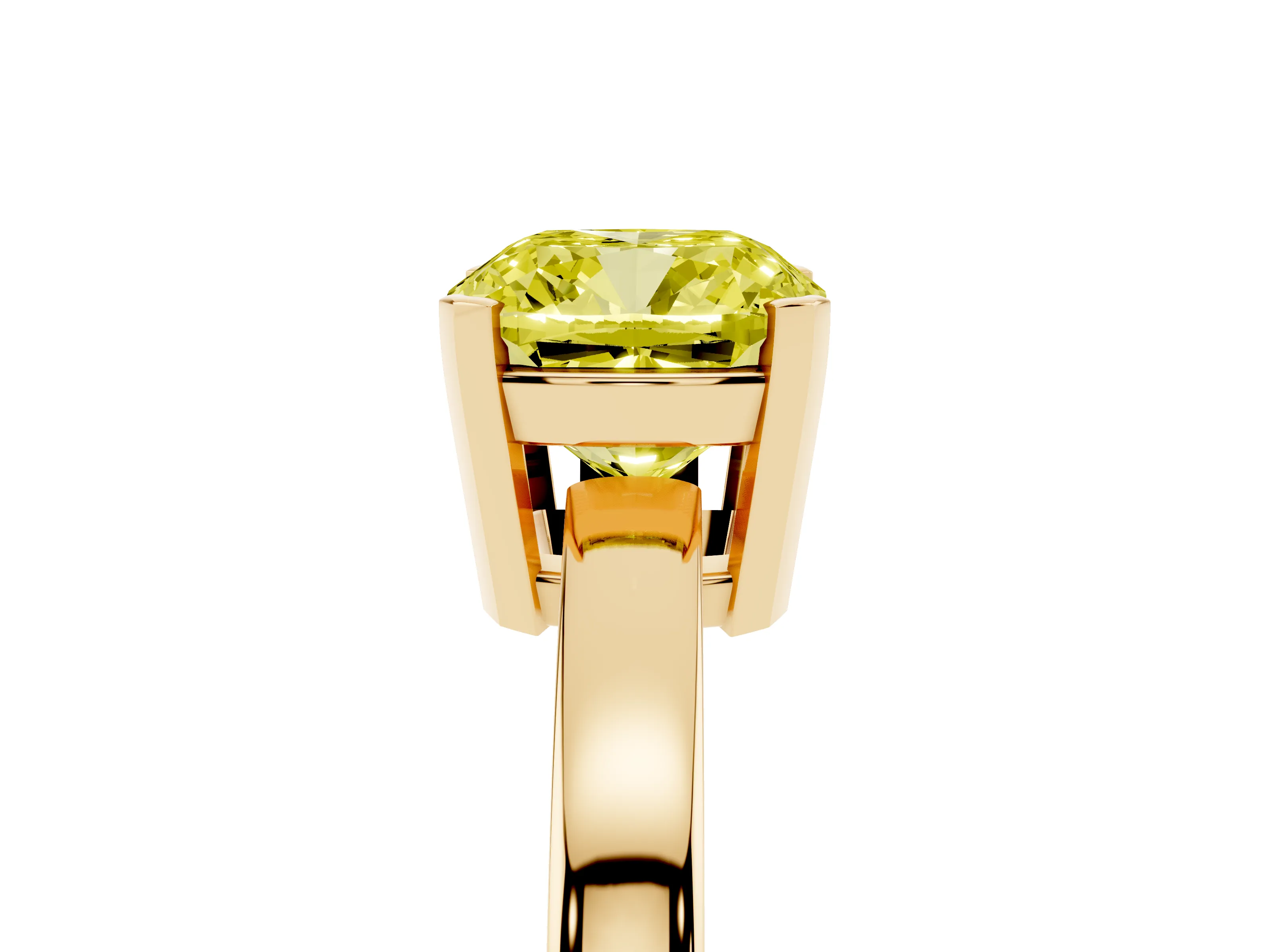 Fancy Yellow Cushion Cut Diamond Solitaire Ring Set in Yellow gold with Prong Head and Smooth Polished Band