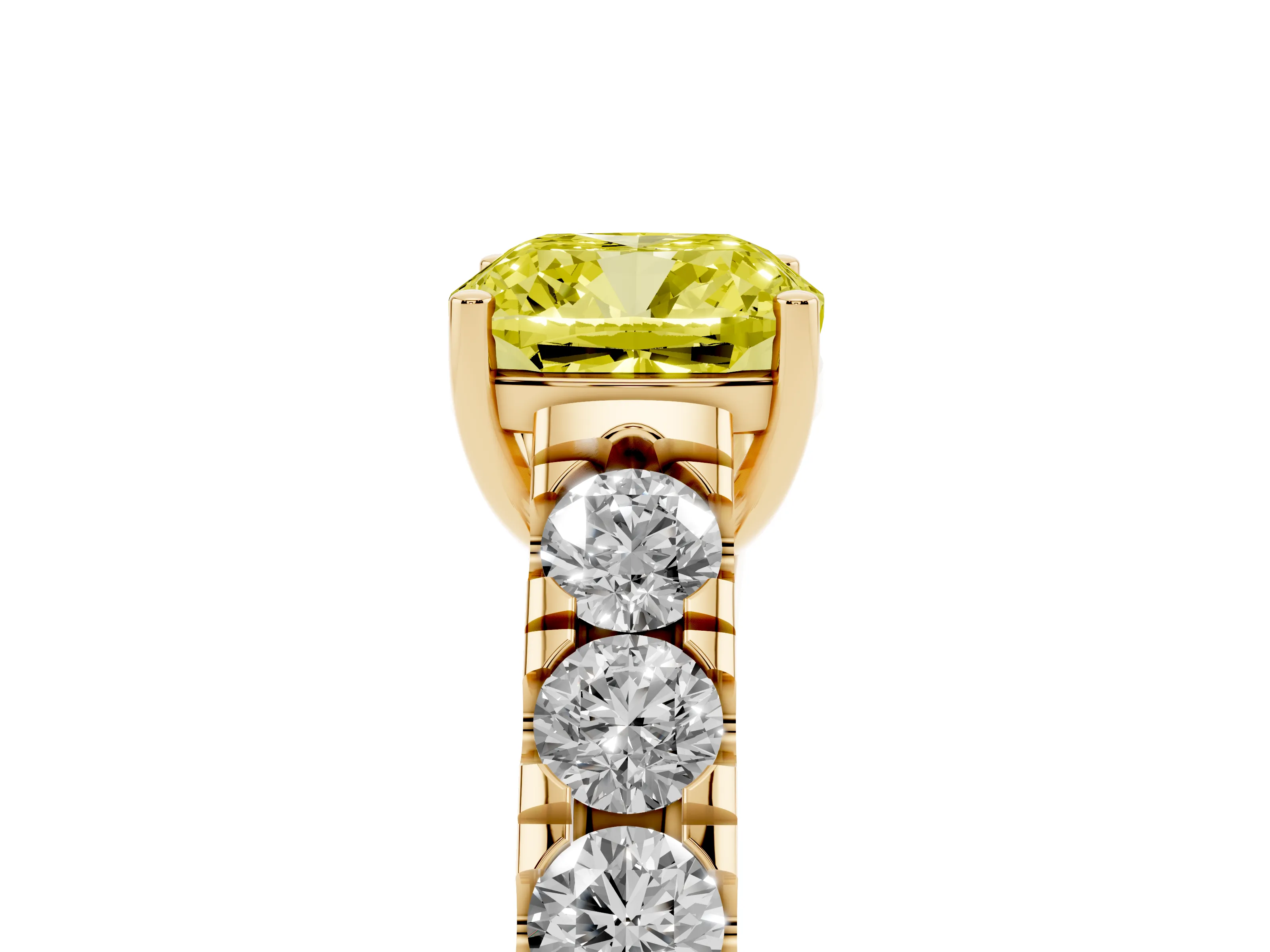 Fancy Yellow Cushion Cut Diamond Solitaire Ring Set in Yellow gold with Cut-Down Micro Pavé Band and Prong Setting