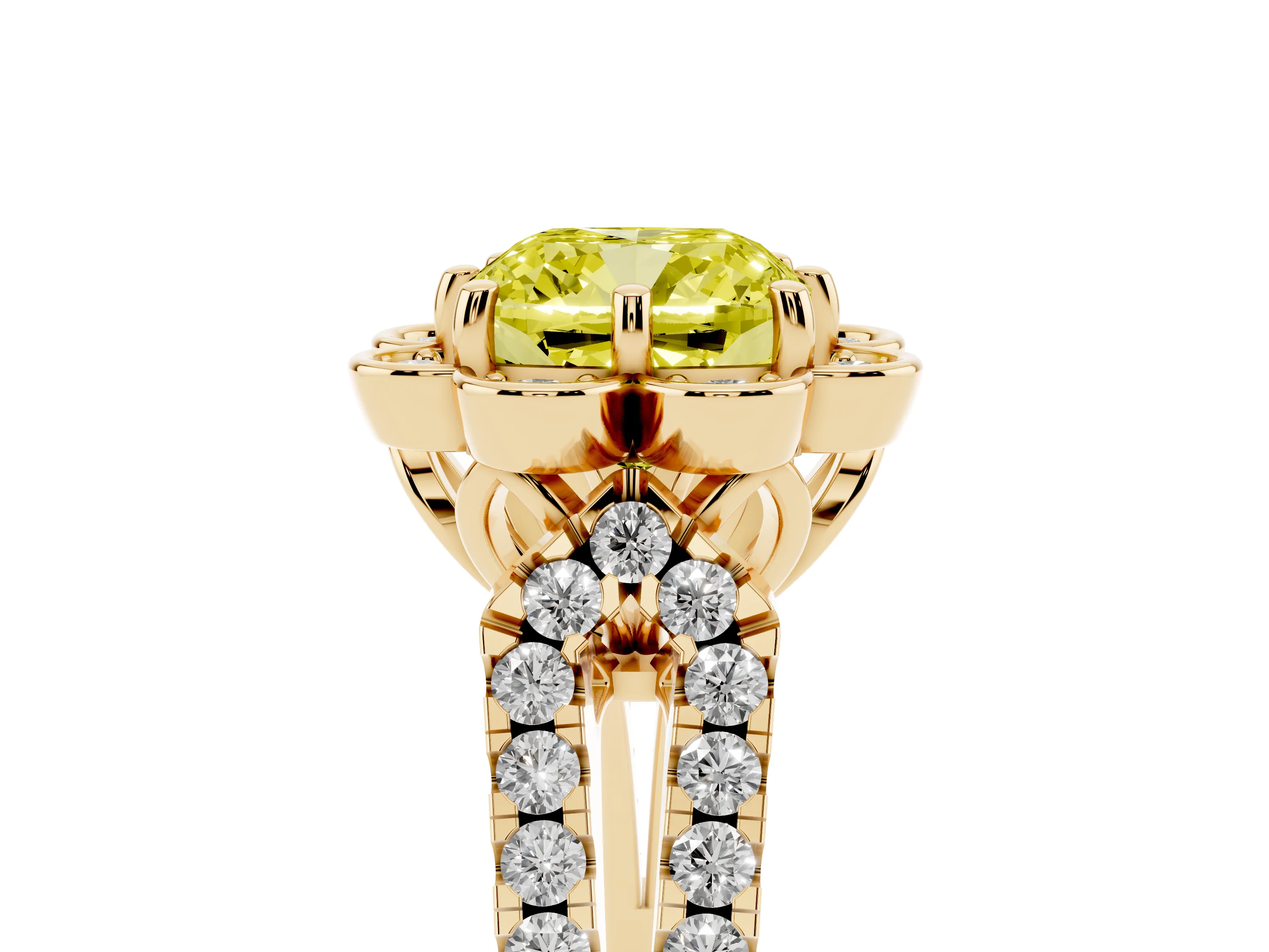 Fancy Yellow Cushion Cut Diamond Floral Halo Split Shank Engagement Ring Set in Yellow gold with Pavé Shank