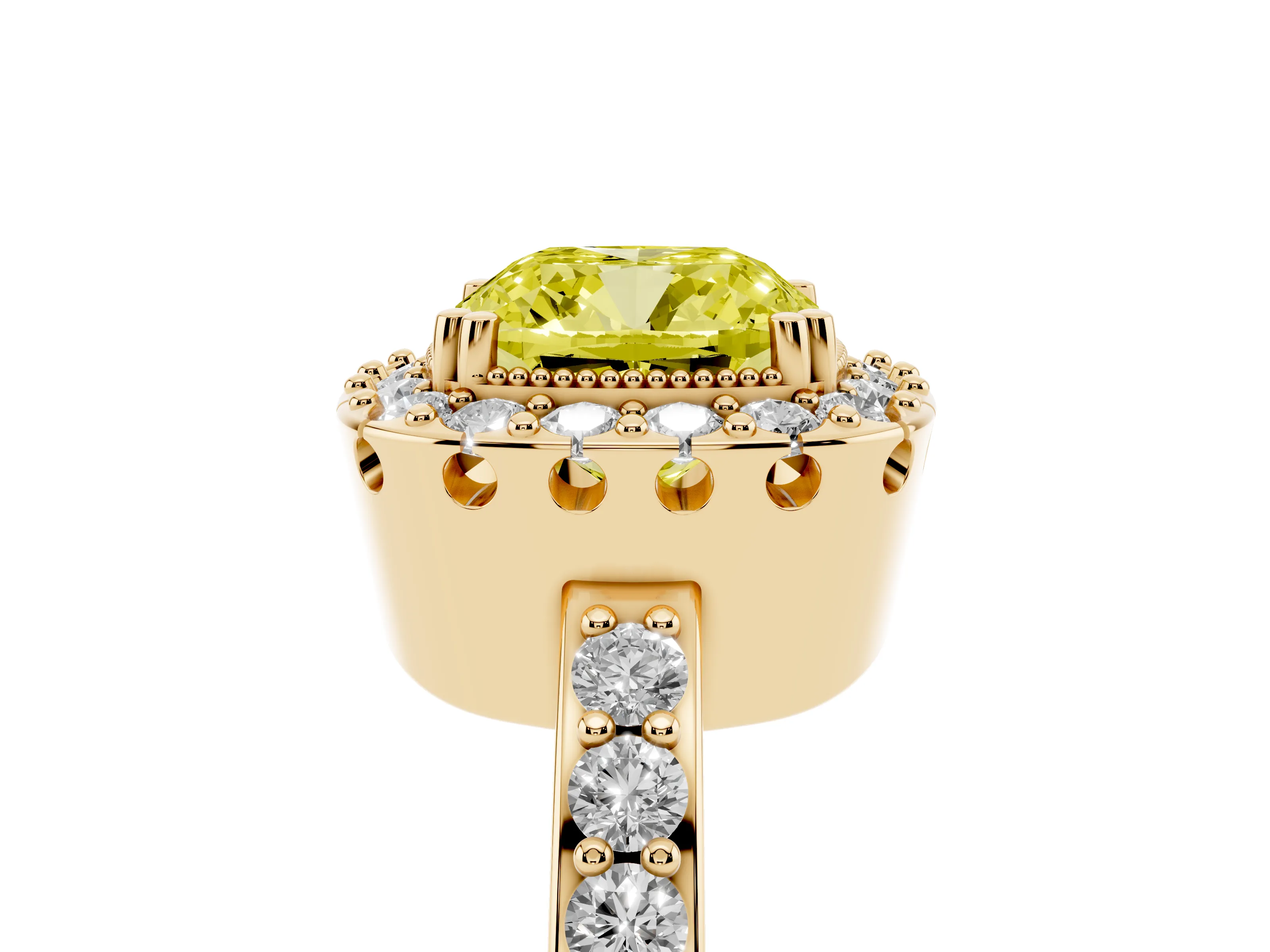 Fancy Yellow Cushion Cut Diamond Halo Ring Set in Yellow gold with Pavé Shank and Prong Setting