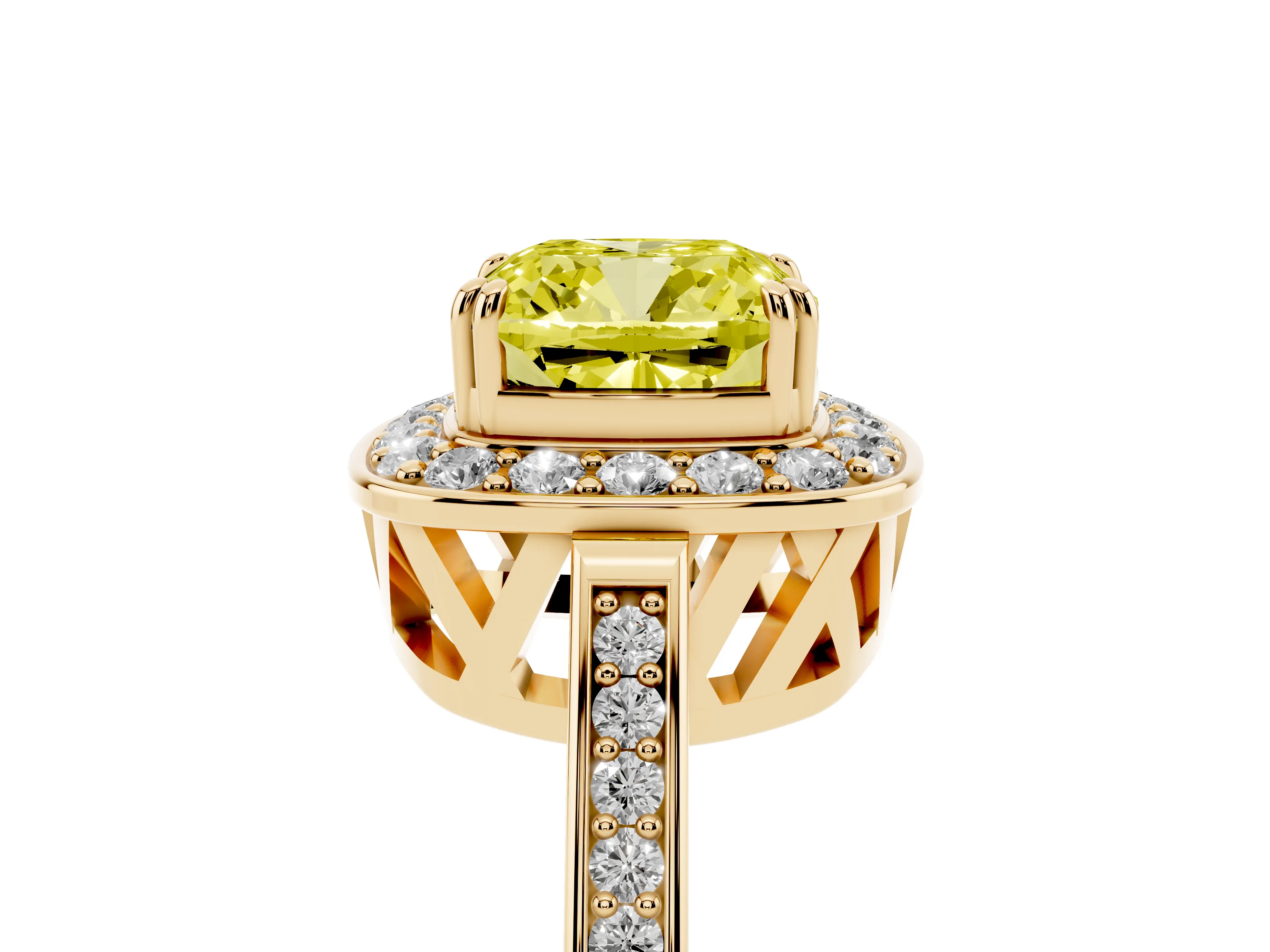 Fancy Yellow Cushion Cut Diamond Halo Ring Set in Yellow gold with Accent-Lined Split Shank and Prong Setting