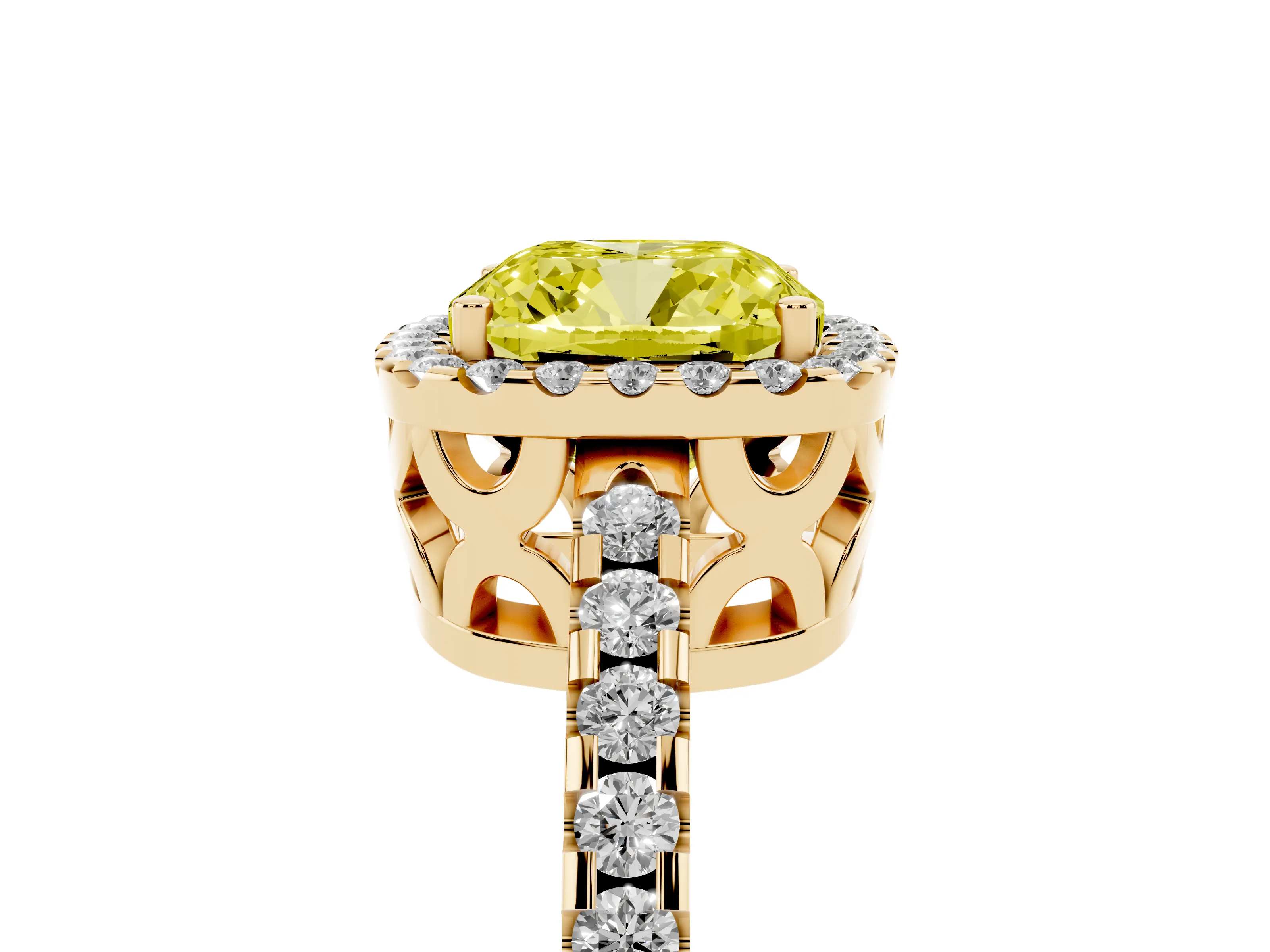 Fancy Yellow Cushion Cut Diamond Halo Ring Set in Yellow gold with Pavé Shoulders and Halo-Framed Center
