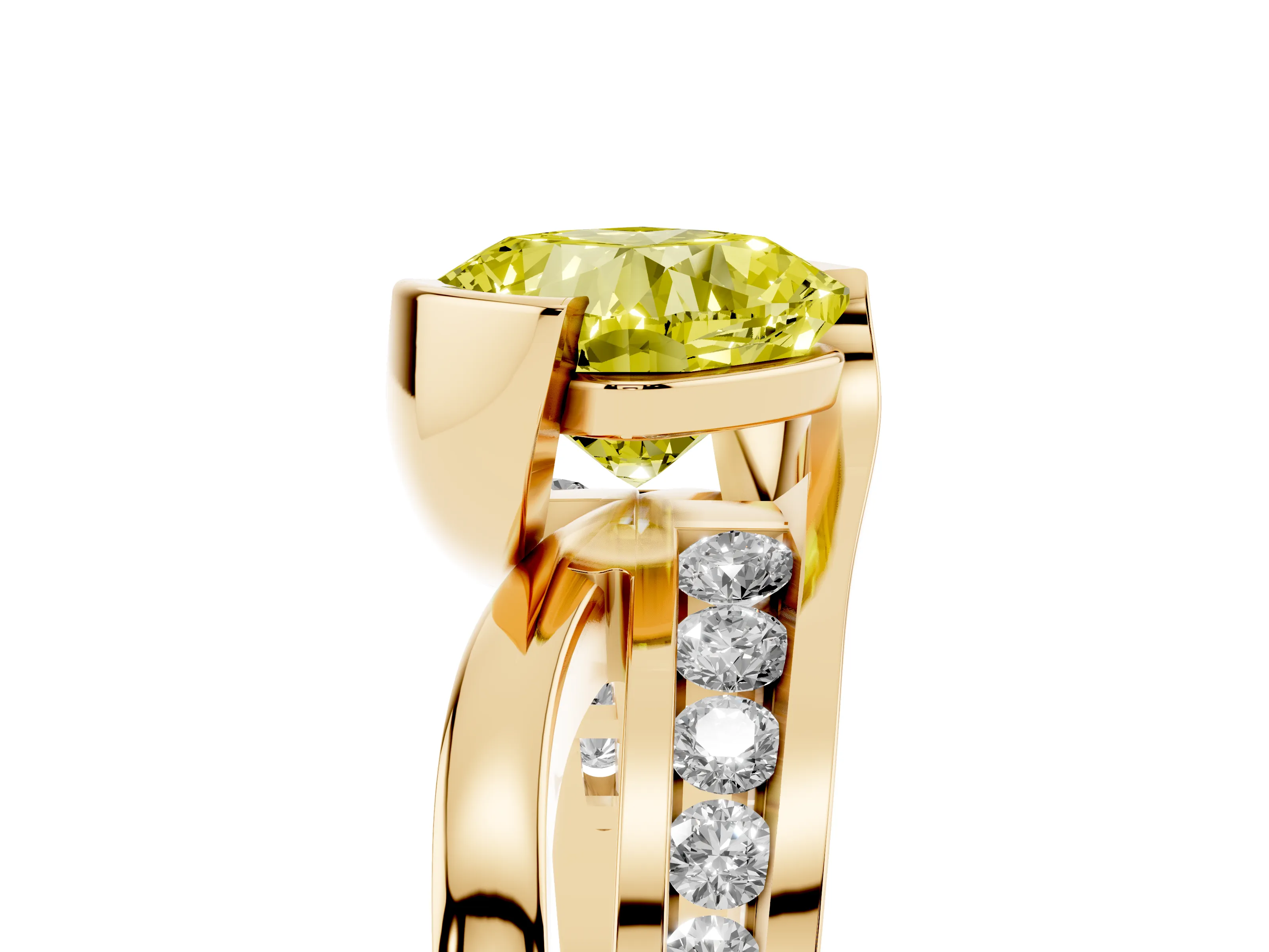 Fancy Yellow Cushion Cut Diamond Solitaire Ring Set in Yellow gold with Channel Set Split Shank and Tension Prongs