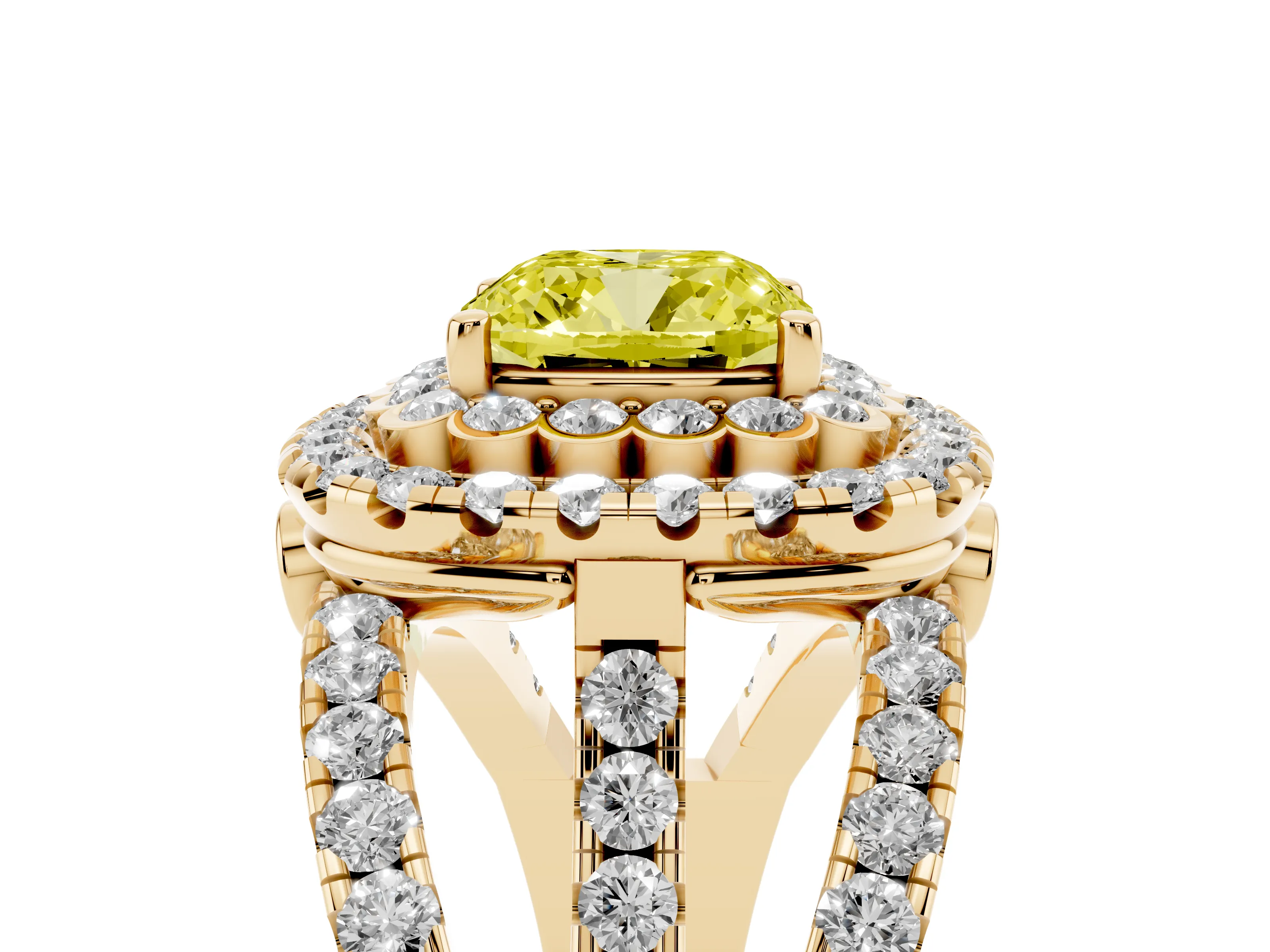 Fancy Yellow Cushion Cut Diamond Double Halo Ring Set in Yellow gold with Round Pavé Split Shank