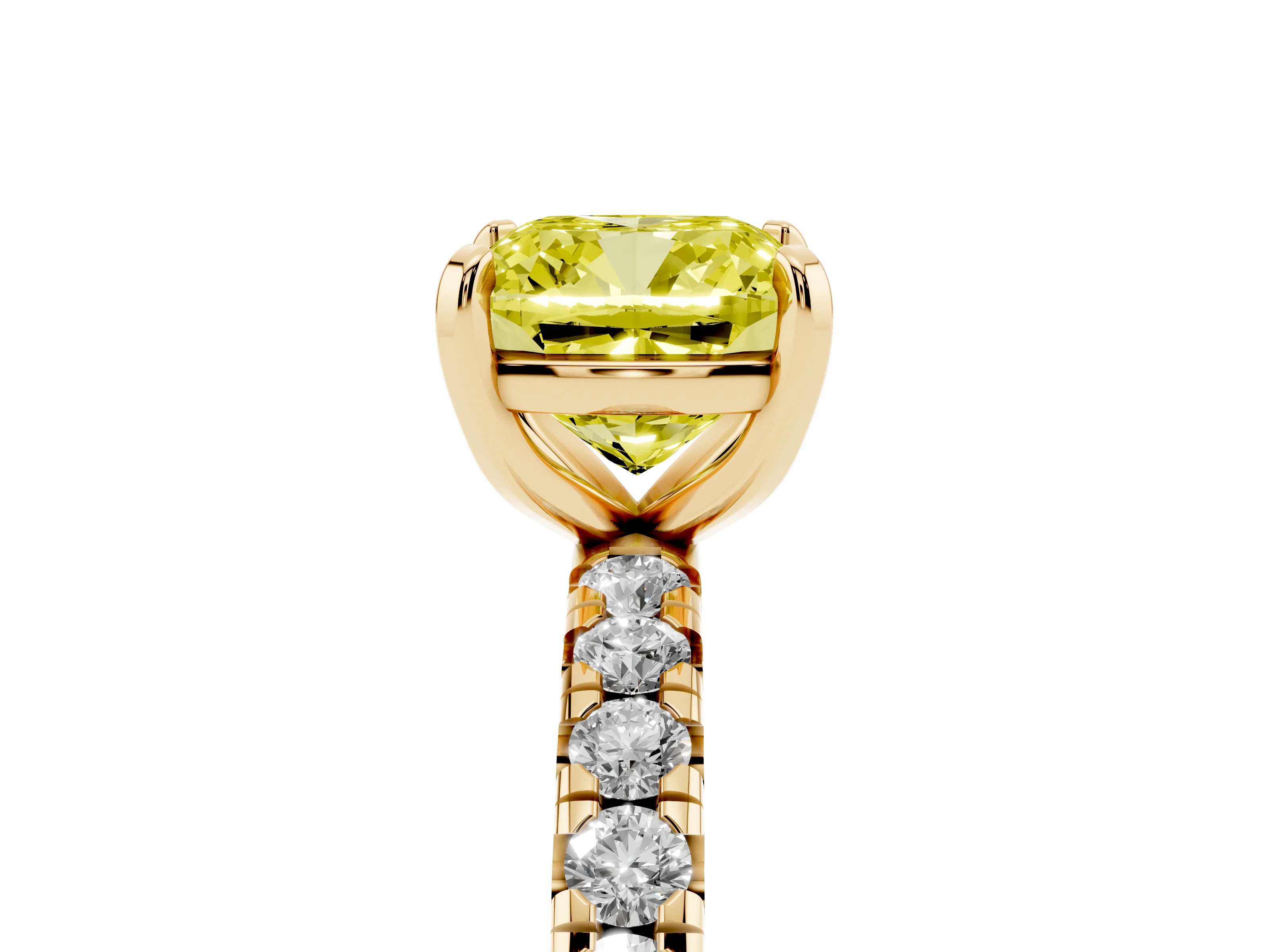 Fancy Yellow Cushion Cut Diamond Pavé Solitaire Ring Set in Yellow gold with Round Band and Prong Setting