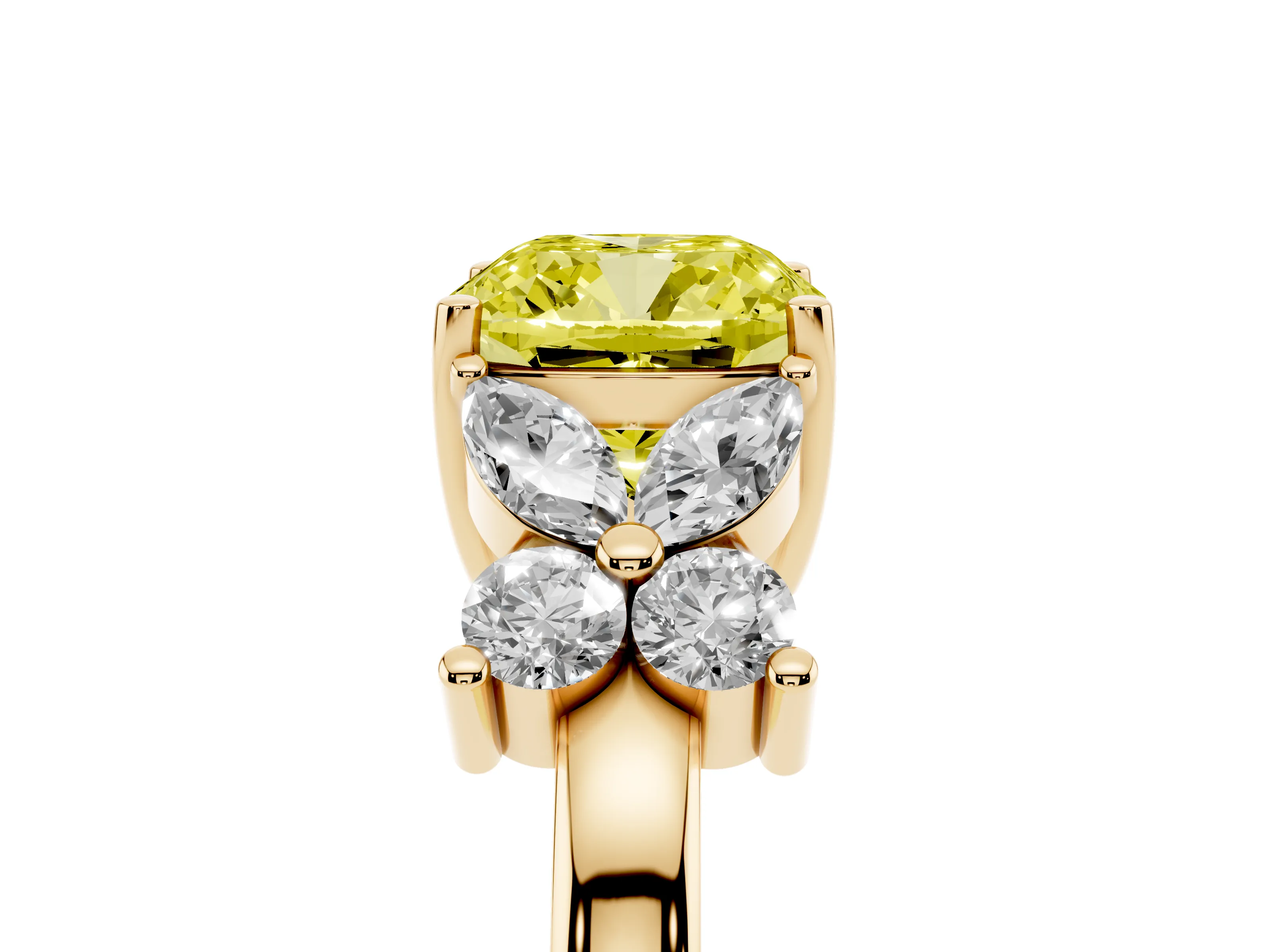 Fancy Yellow Cushion Cut Diamond Floral Cluster Ring Set in Yellow gold with Marquise Petals and Prong Setting