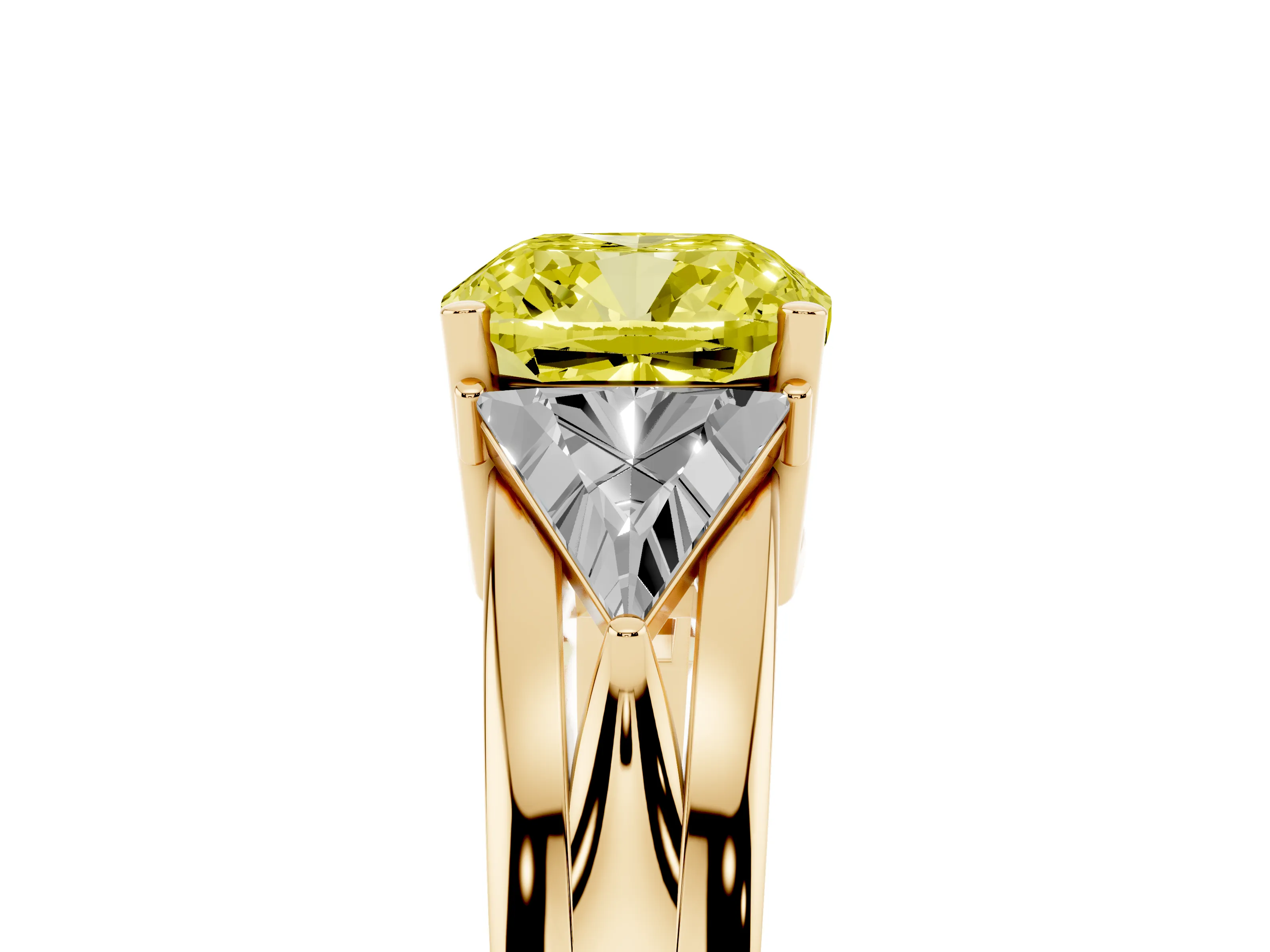 Fancy Yellow Cushion Cut Diamond Three-Stone Ring Set in Yellow gold with Trillion Side Stones and Split Shank