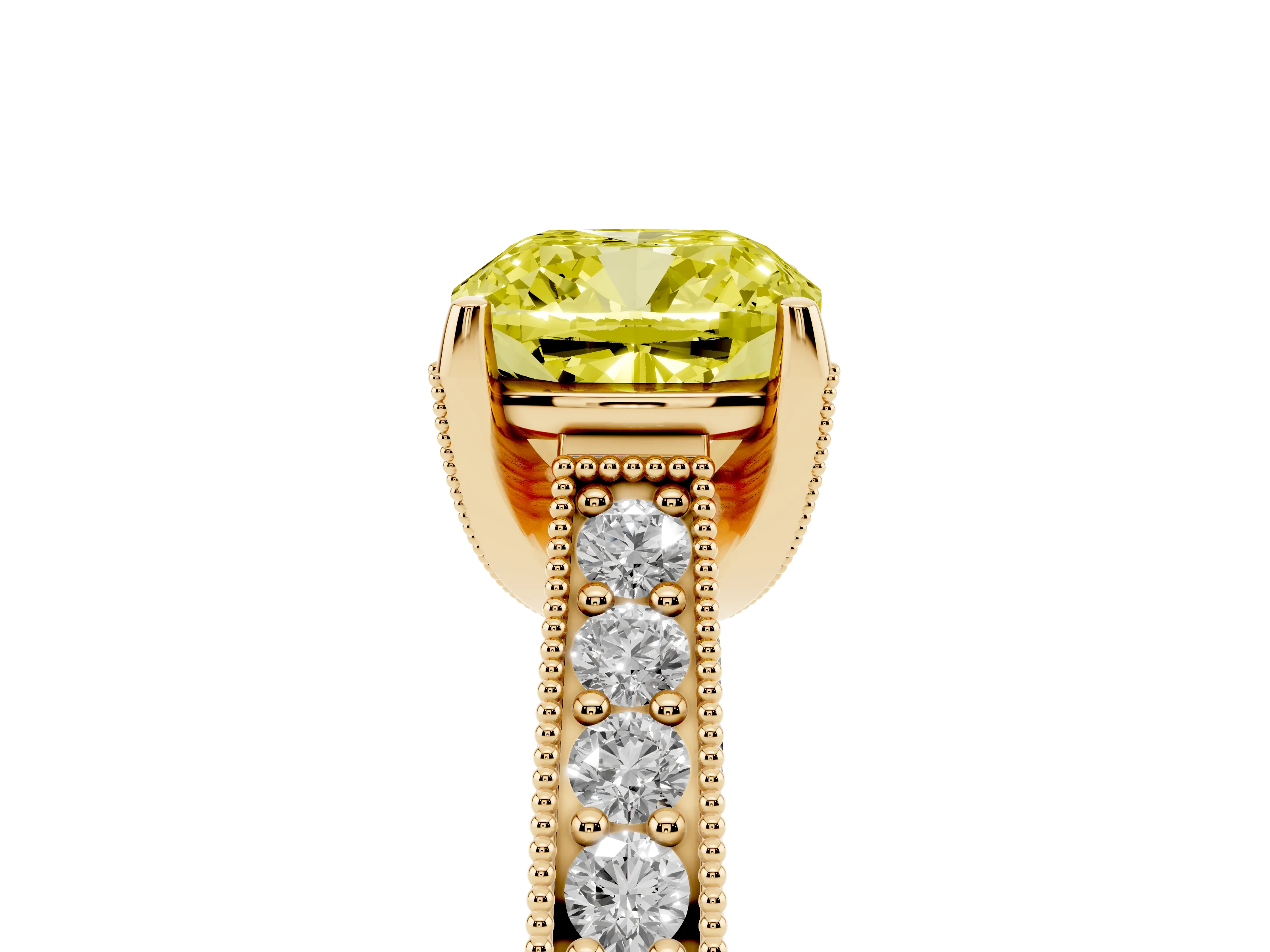 Fancy Yellow Cushion Cut Diamond Solitaire Ring Set in Yellow gold with Milgrain-Edged Pavé Band and Prong Setting