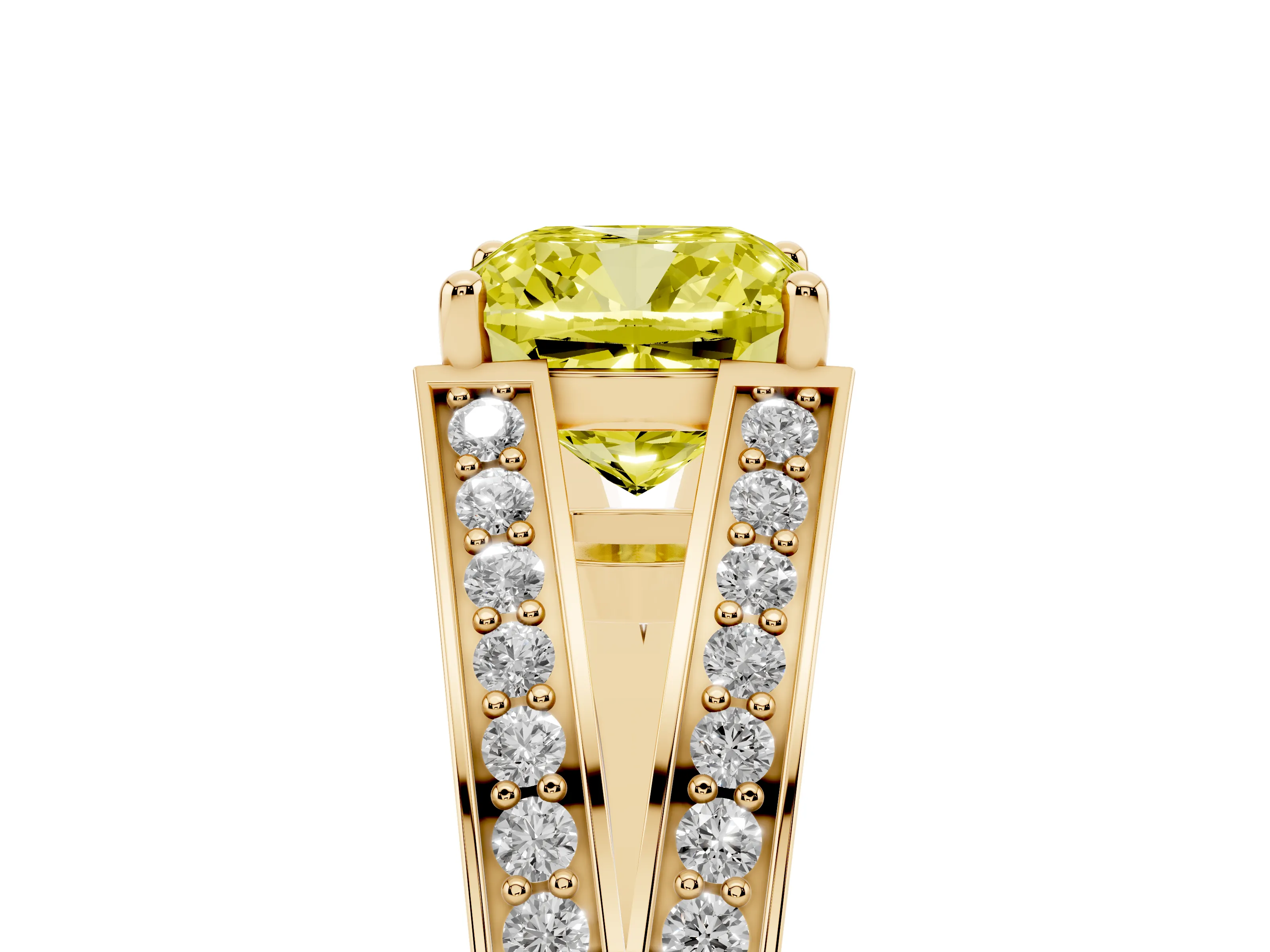 Fancy Yellow Cushion Cut Diamond Split Shank Ring Set in Yellow gold with Pavé Band and Prong Setting