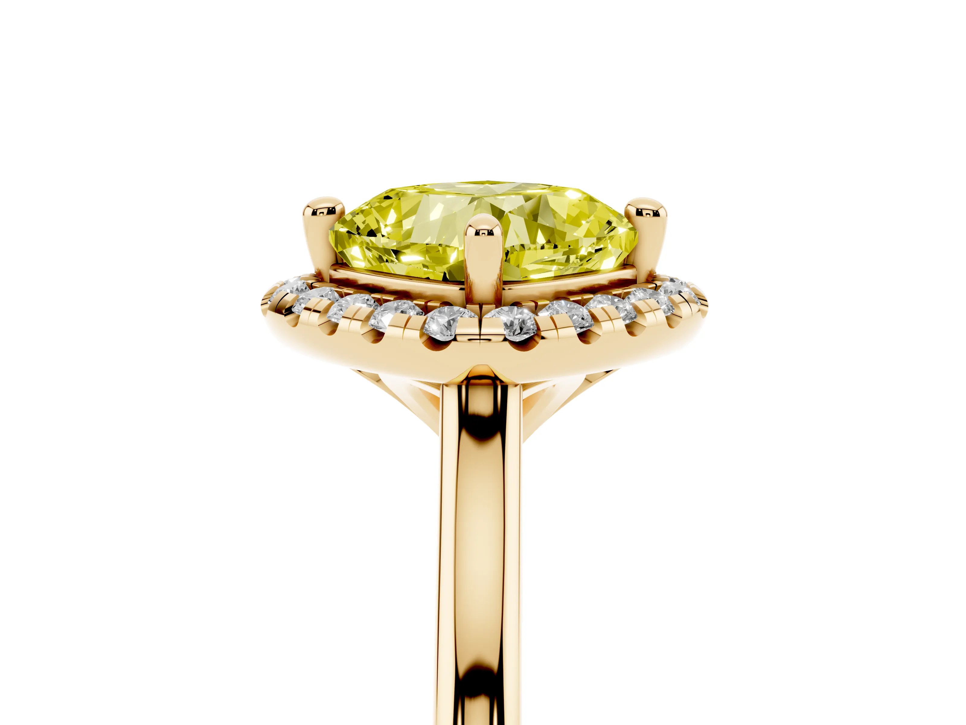Fancy Yellow Cushion Cut Diamond Halo Engagement Ring Set in Yellow gold with Pavé Band and Rising Shoulders