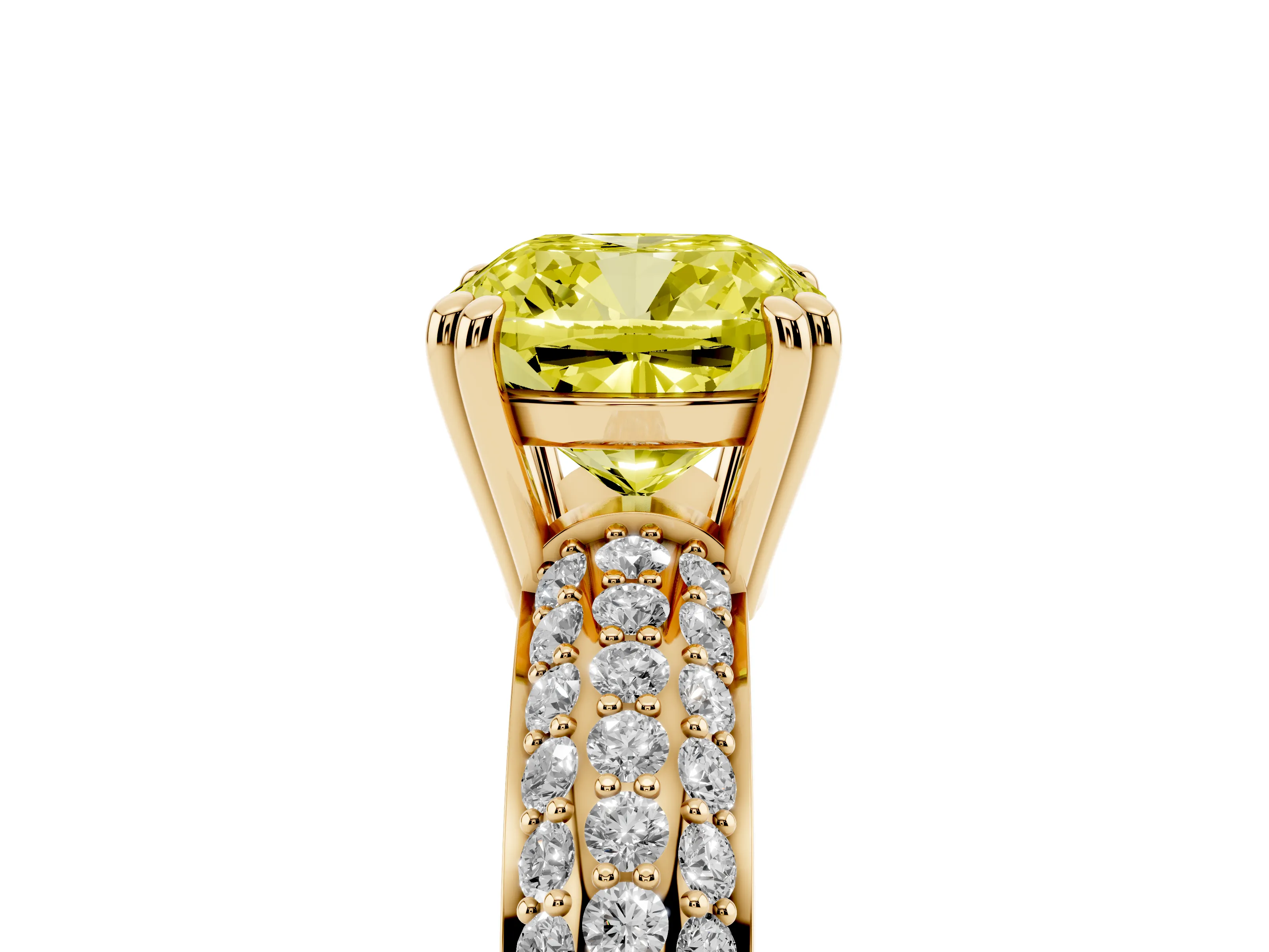 Fancy Yellow Cushion Cut Diamond Solitaire Ring Set in Yellow gold with Multi-Row Round Pavé Band and Prong Setting