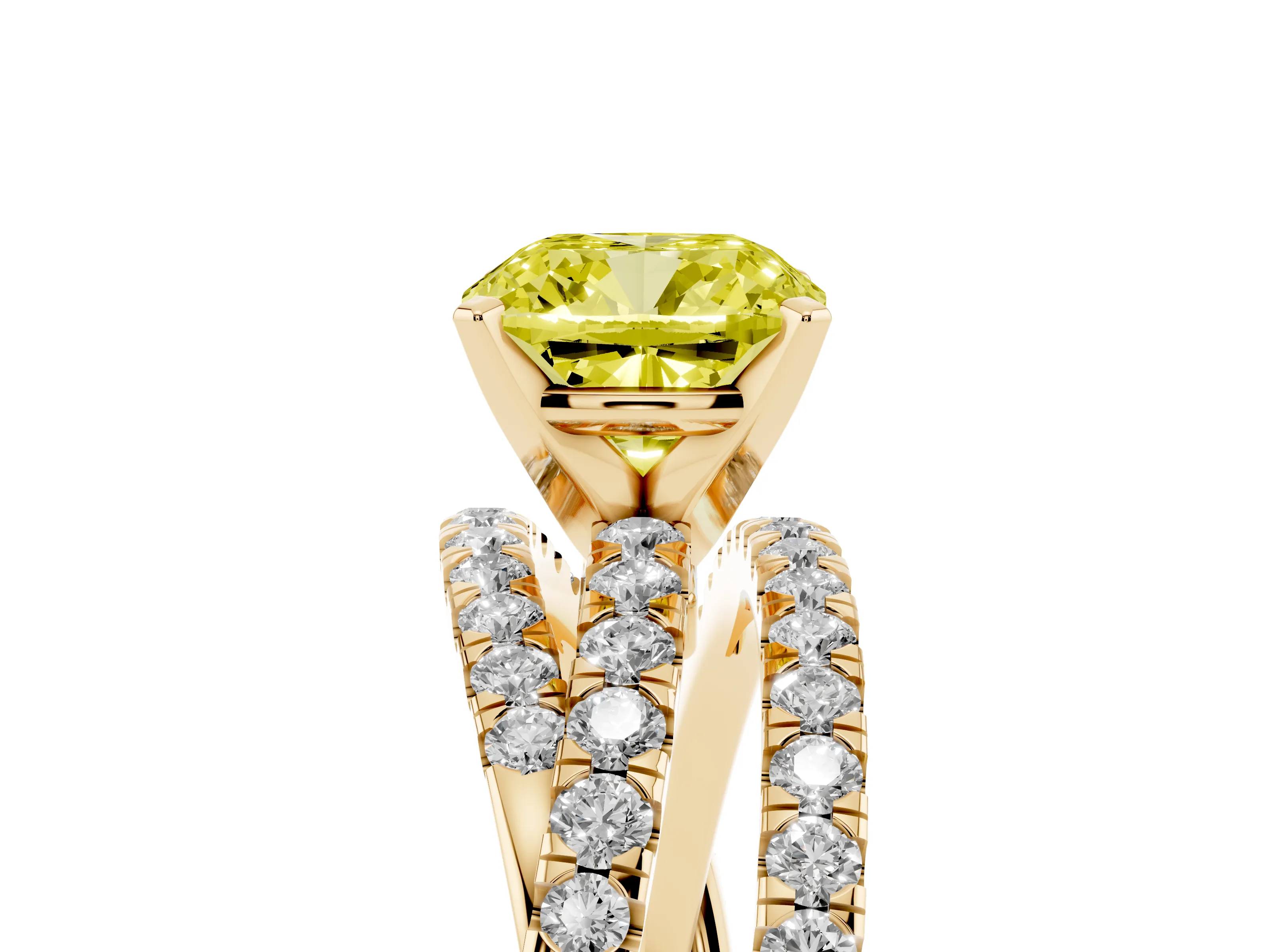 Fancy Yellow Cushion Cut Diamond Solitaire Twist Band Ring Set in Yellow gold with Pavé Setting and Prong Head