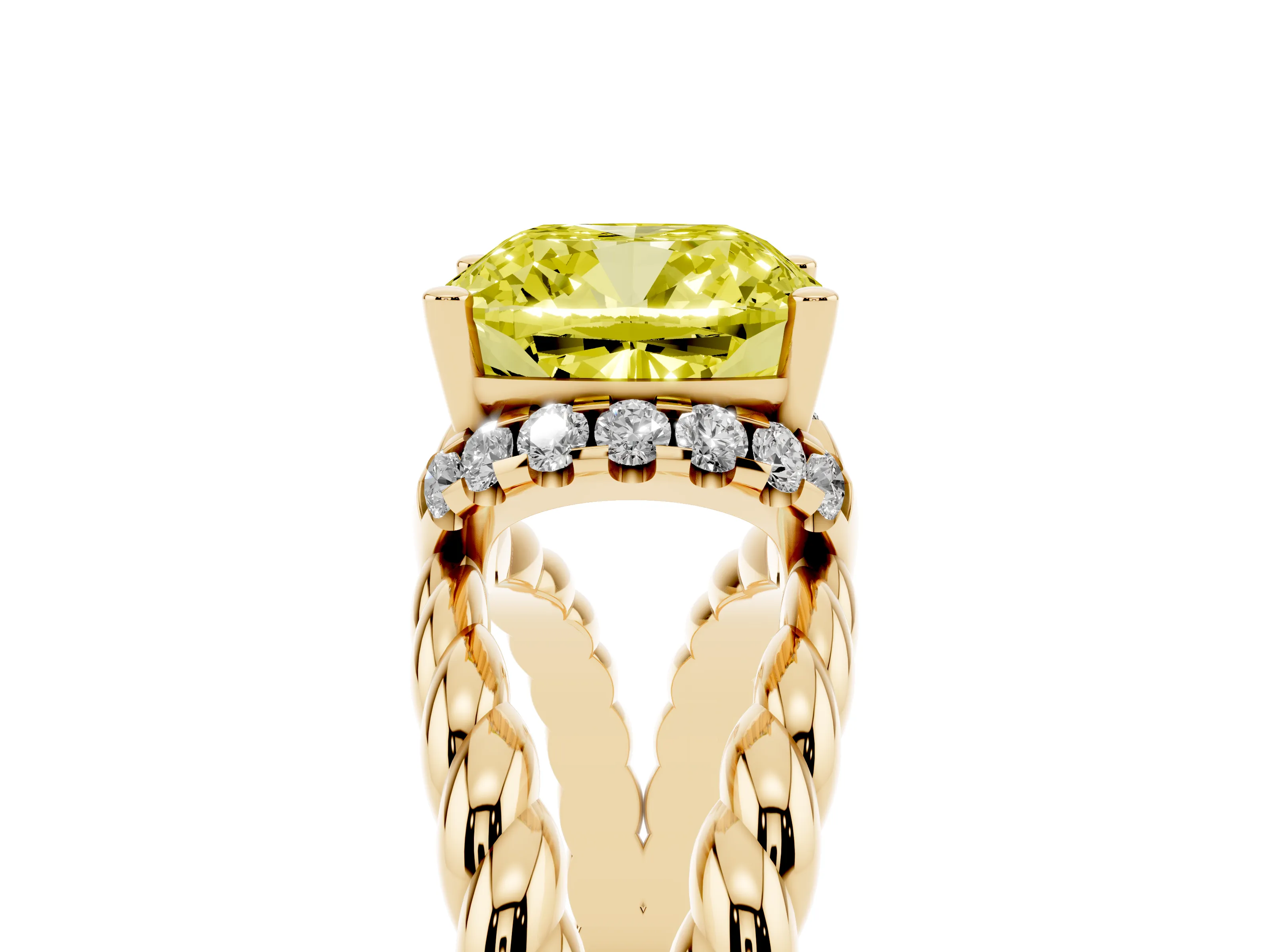 Fancy Yellow Cushion Cut Diamond Halo Ring Set in Yellow gold with Twisted Band and Prong Setting