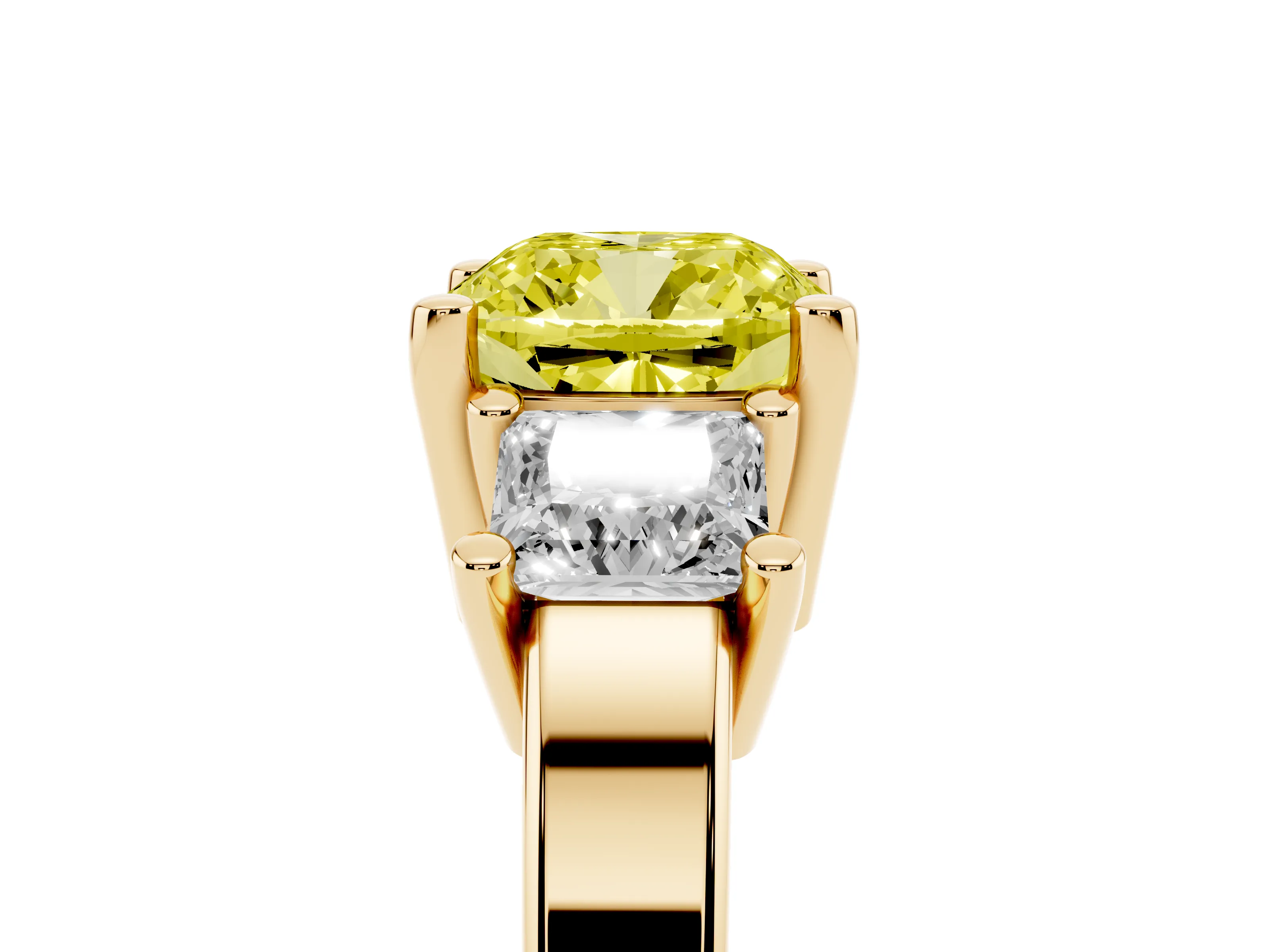Fancy Yellow Three-Stone Cushion Cut Diamond Solitaire Ring Set in Yellow gold with Prong Setting