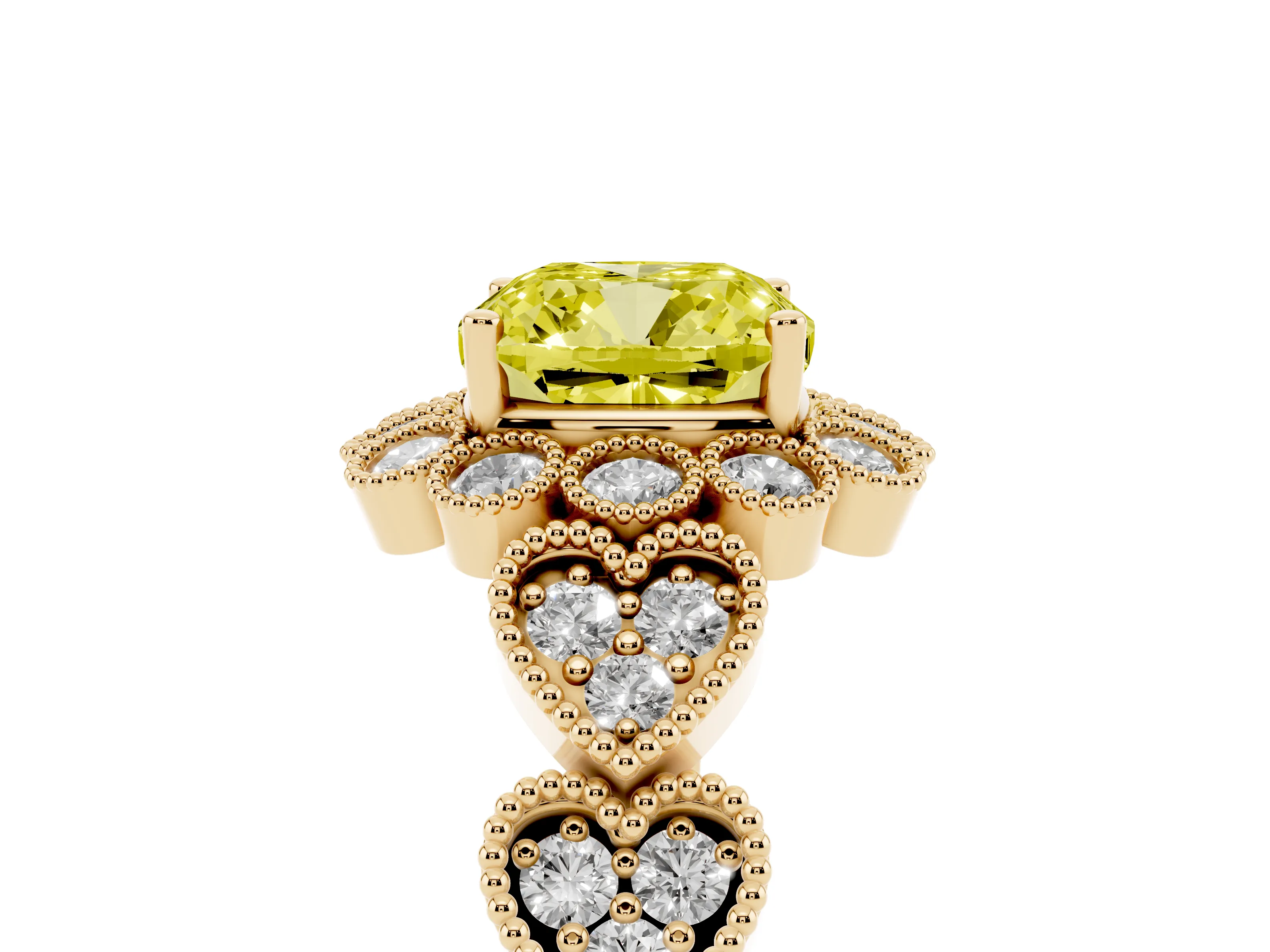 Fancy Yellow Cushion Cut Diamond Solitaire Ring Set in Yellow gold with Milgrain Pavé Heart Band