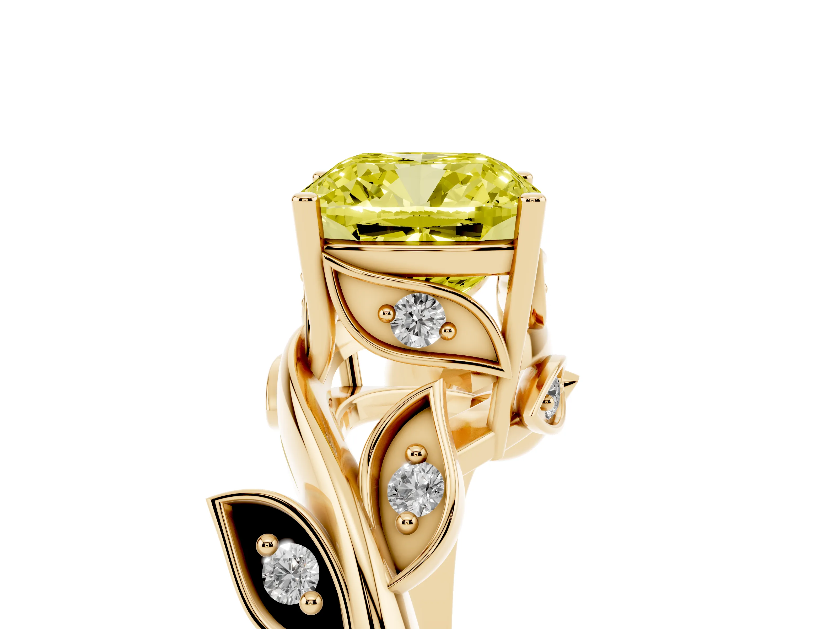 Fancy Yellow Cushion Cut Diamond Solitaire Twist Engagement Ring Set in Yellow gold with Pavé Leaf Accents
