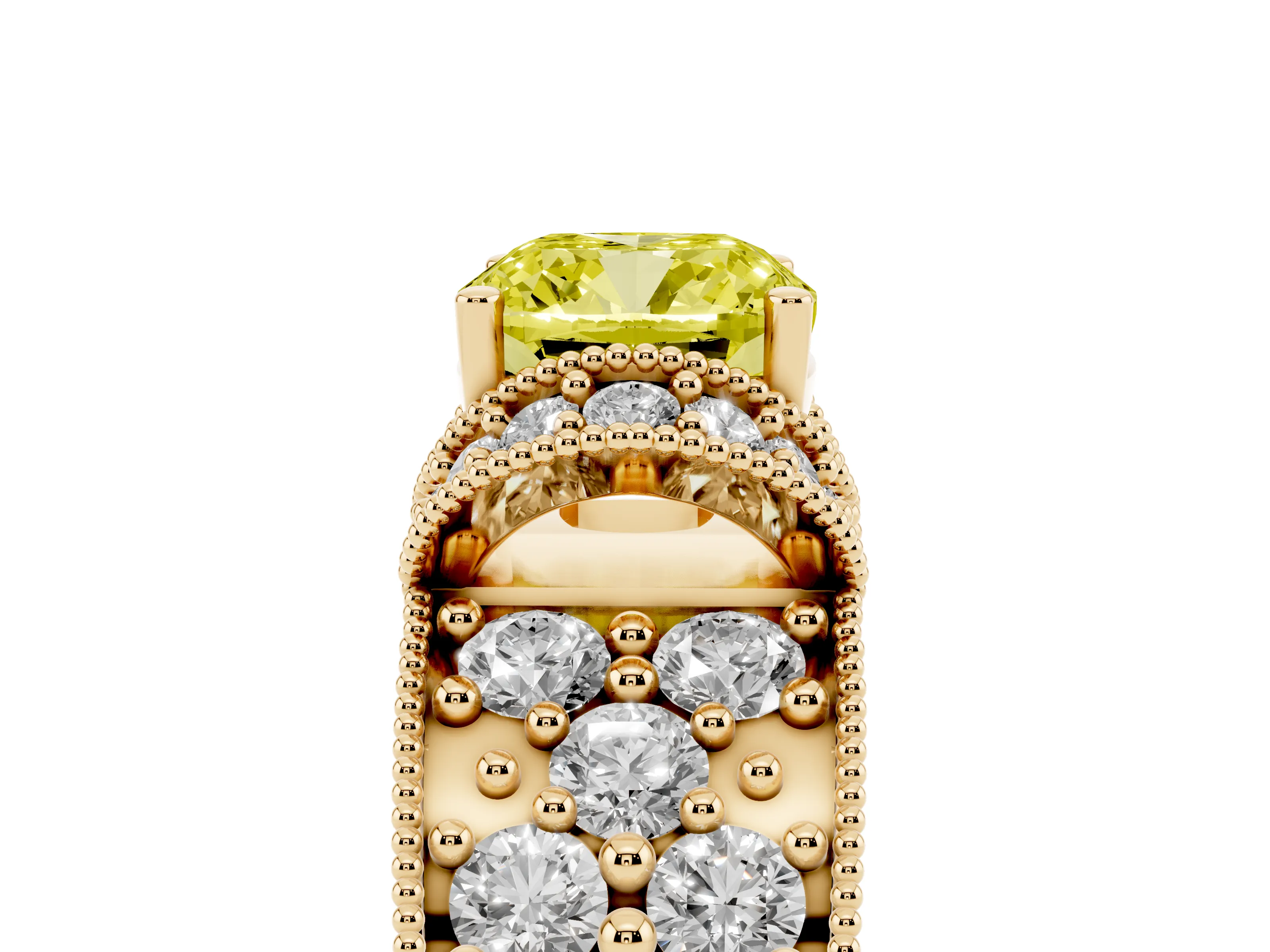 Fancy Yellow Cushion Cut Diamond Milgrain Halo Pavé Engagement Ring Set in Yellow gold with Prong Setting