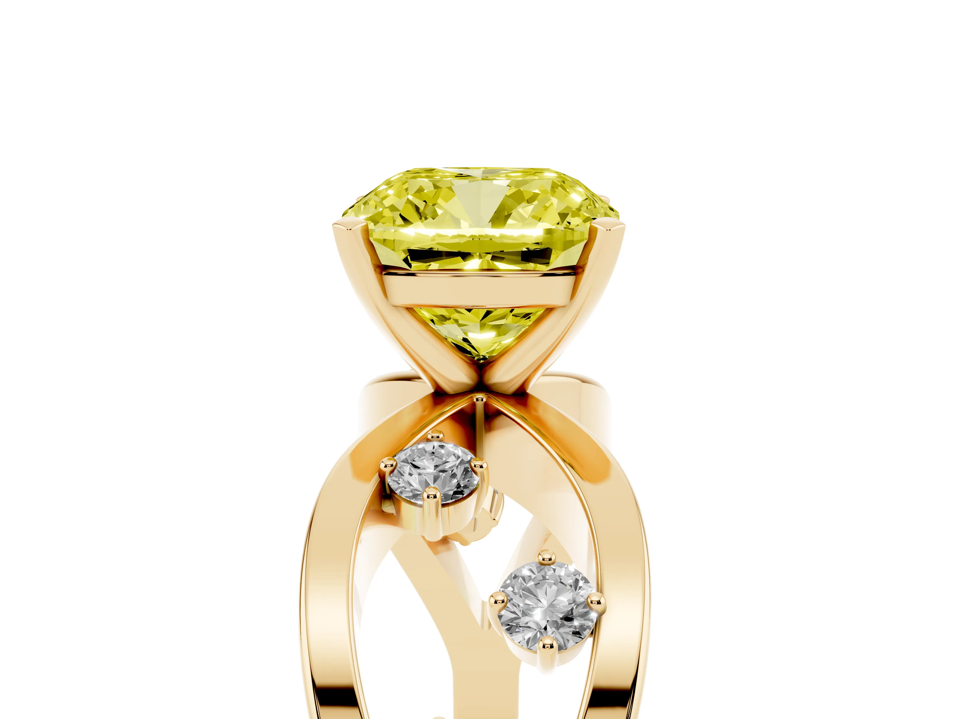 Fancy Yellow Cushion Cut Diamond Solitaire Ring Set in Yellow gold with Side Stones on Criss-Cross Band and Prong Setting