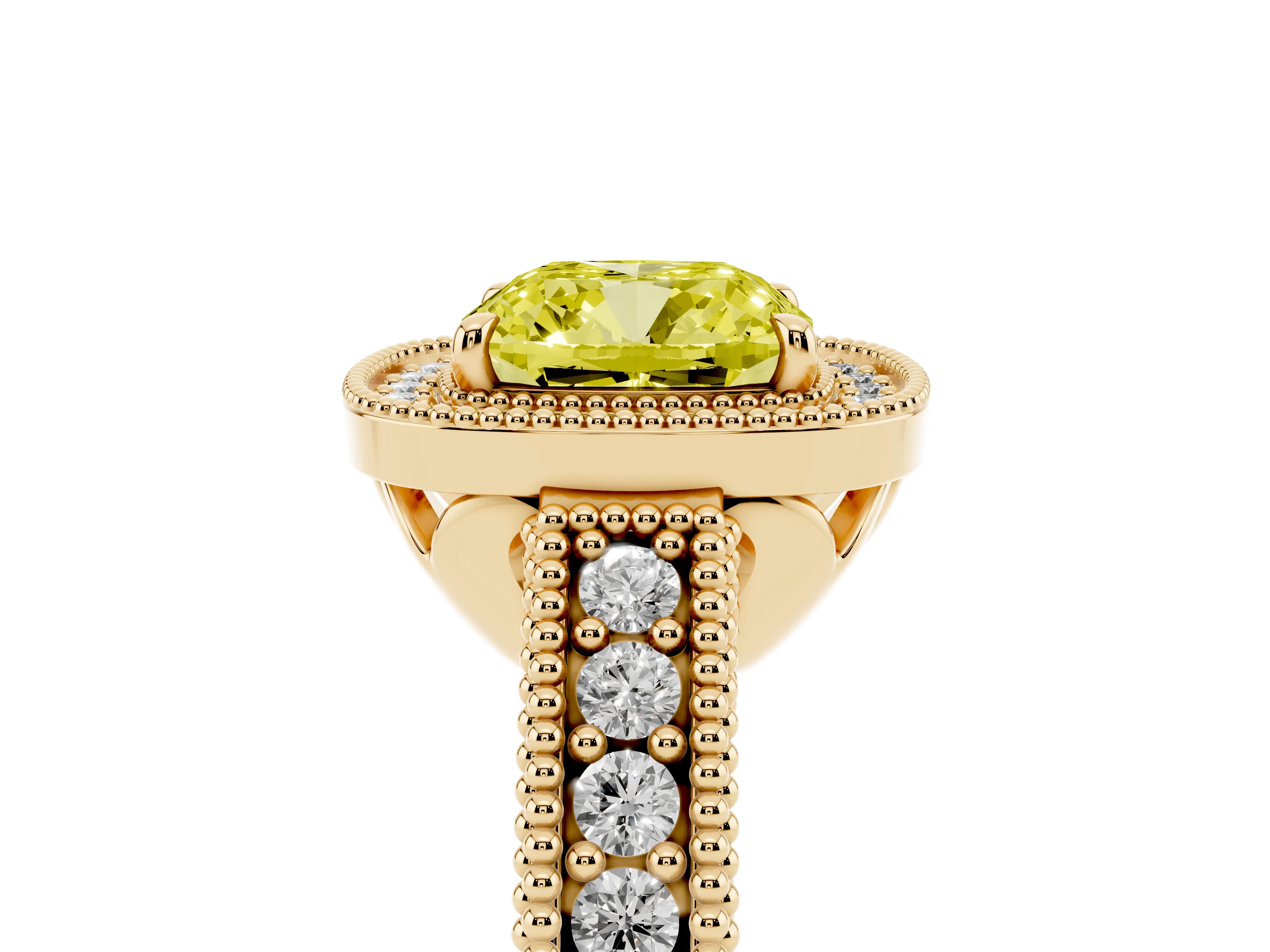 Fancy Yellow Cushion Cut Diamond Halo Ring Set in Yellow gold with Round Accent Halo, Pavé Band and Prong Setting
