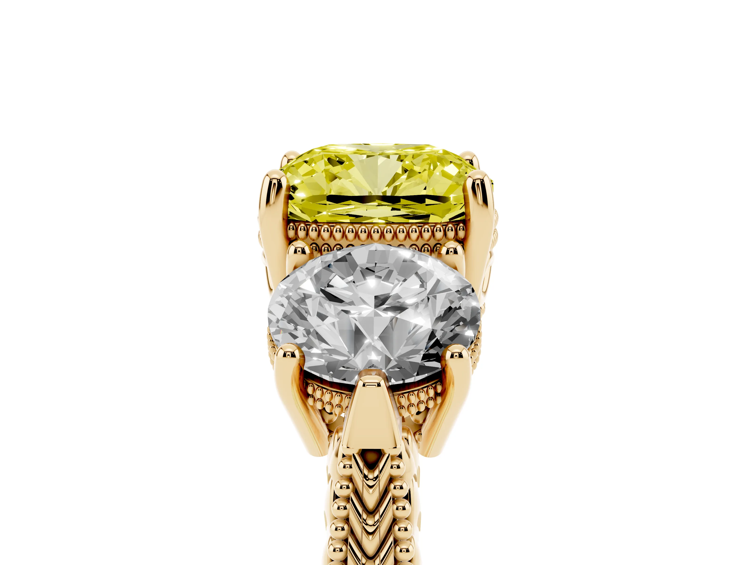 Fancy Yellow Cushion Cut Diamond Three-Stone Ring Set in Yellow gold with Milgrain Band