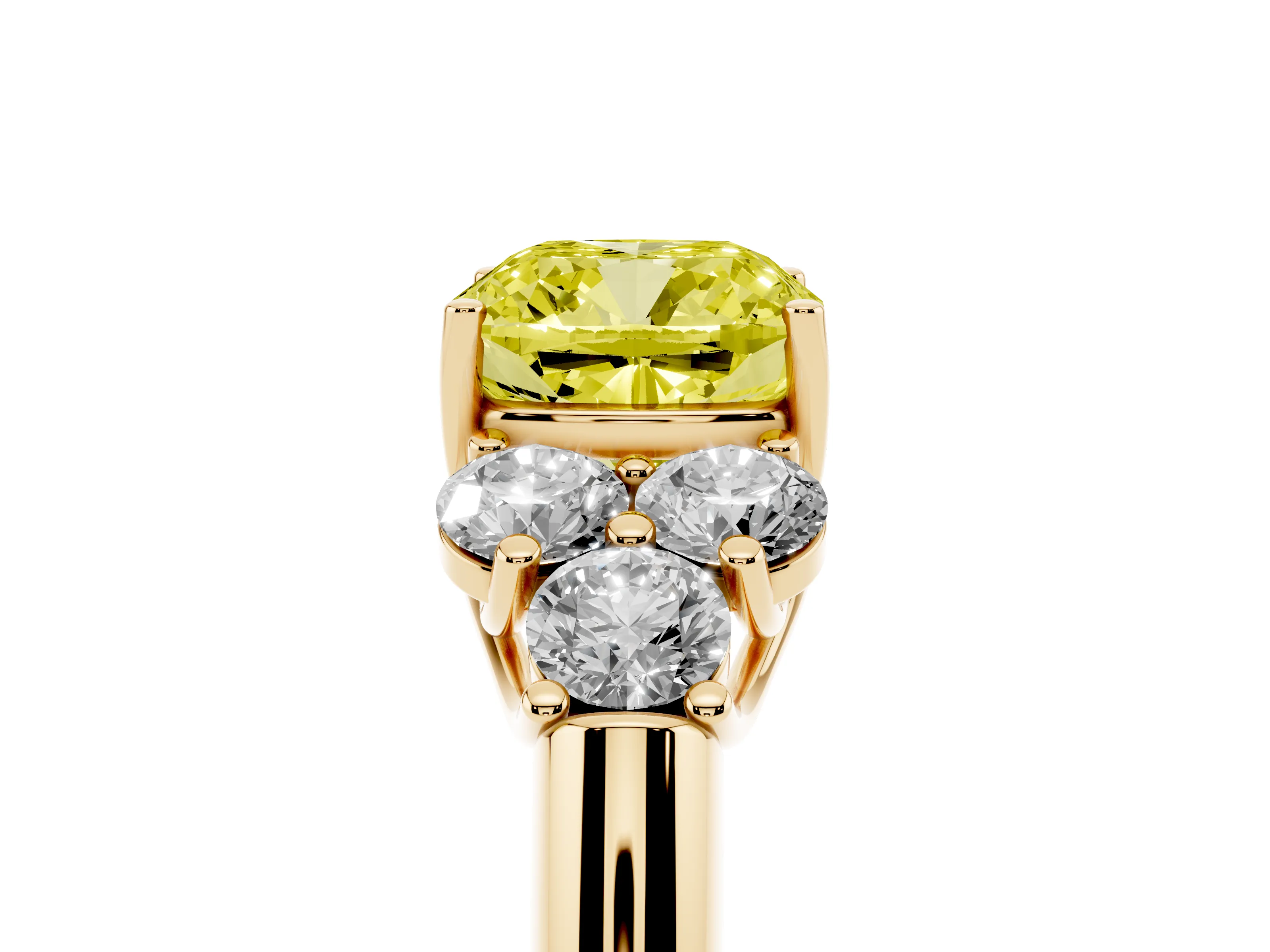Fancy Yellow Cushion Cut Diamond Cluster Ring Set in Yellow gold with Round Accent Stones and Prong Setting on a Plain Band