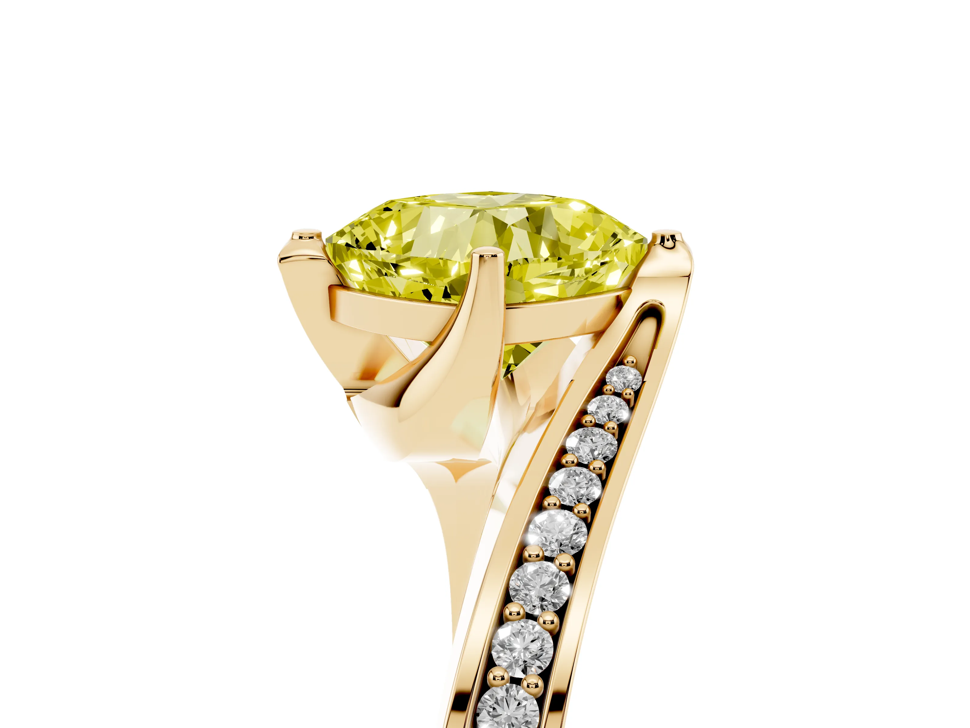 Fancy Yellow Cushion Cut Diamond Solitaire Ring Set in Yellow gold with Intertwined Pavé Twist Band