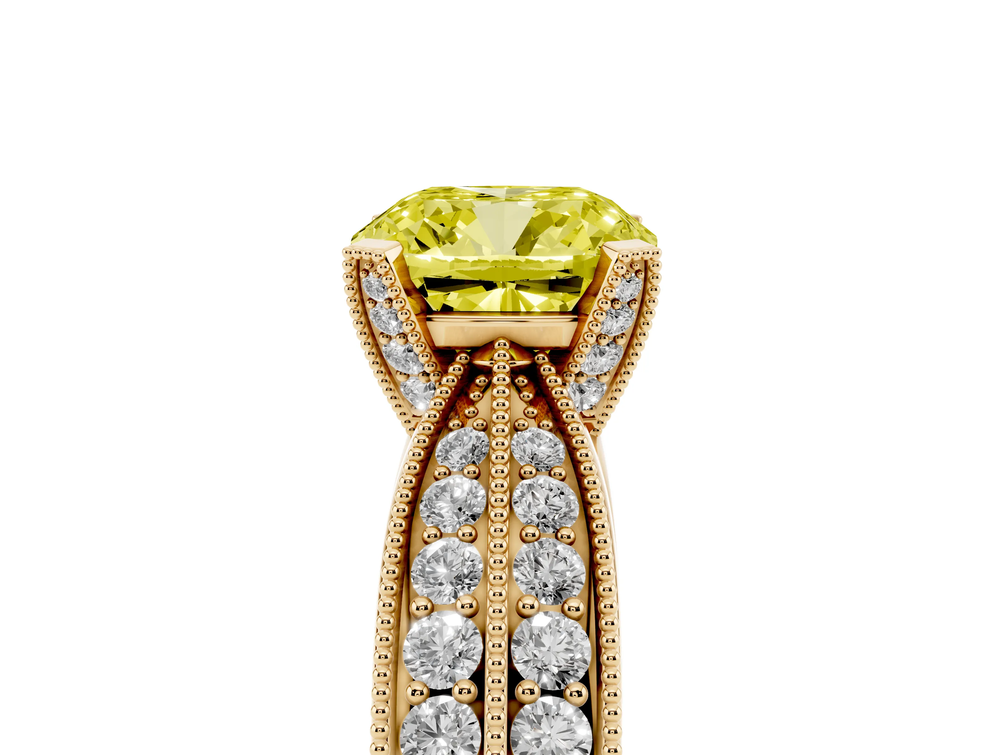 Fancy Yellow Cushion Cut Diamond Solitaire Ring Set in Yellow gold with Milgrain Double Row Round Pavé Band