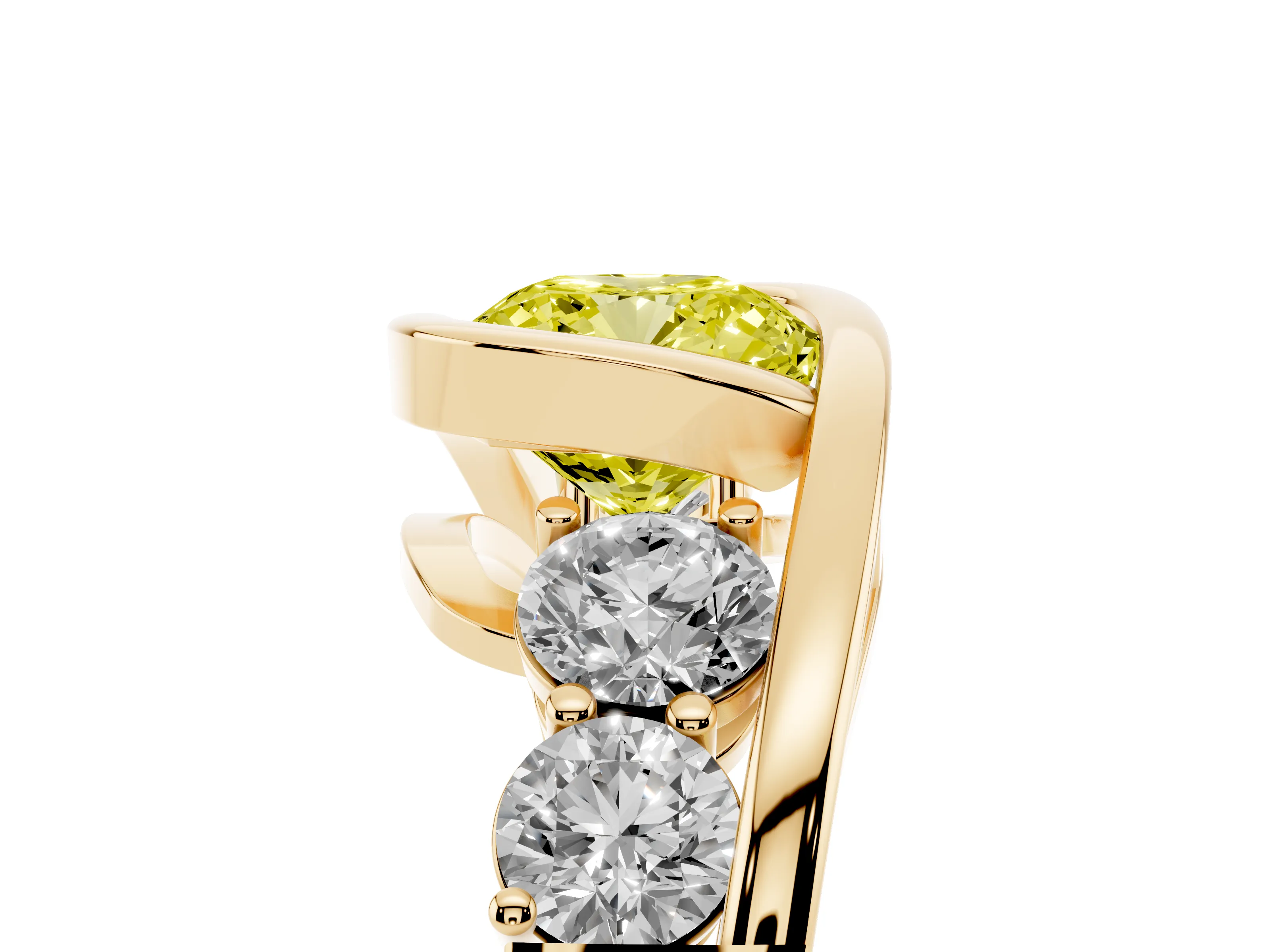 Fancy Yellow Cushion Cut Diamond Bezel Bypass Ring Set in Yellow gold with Round Accents