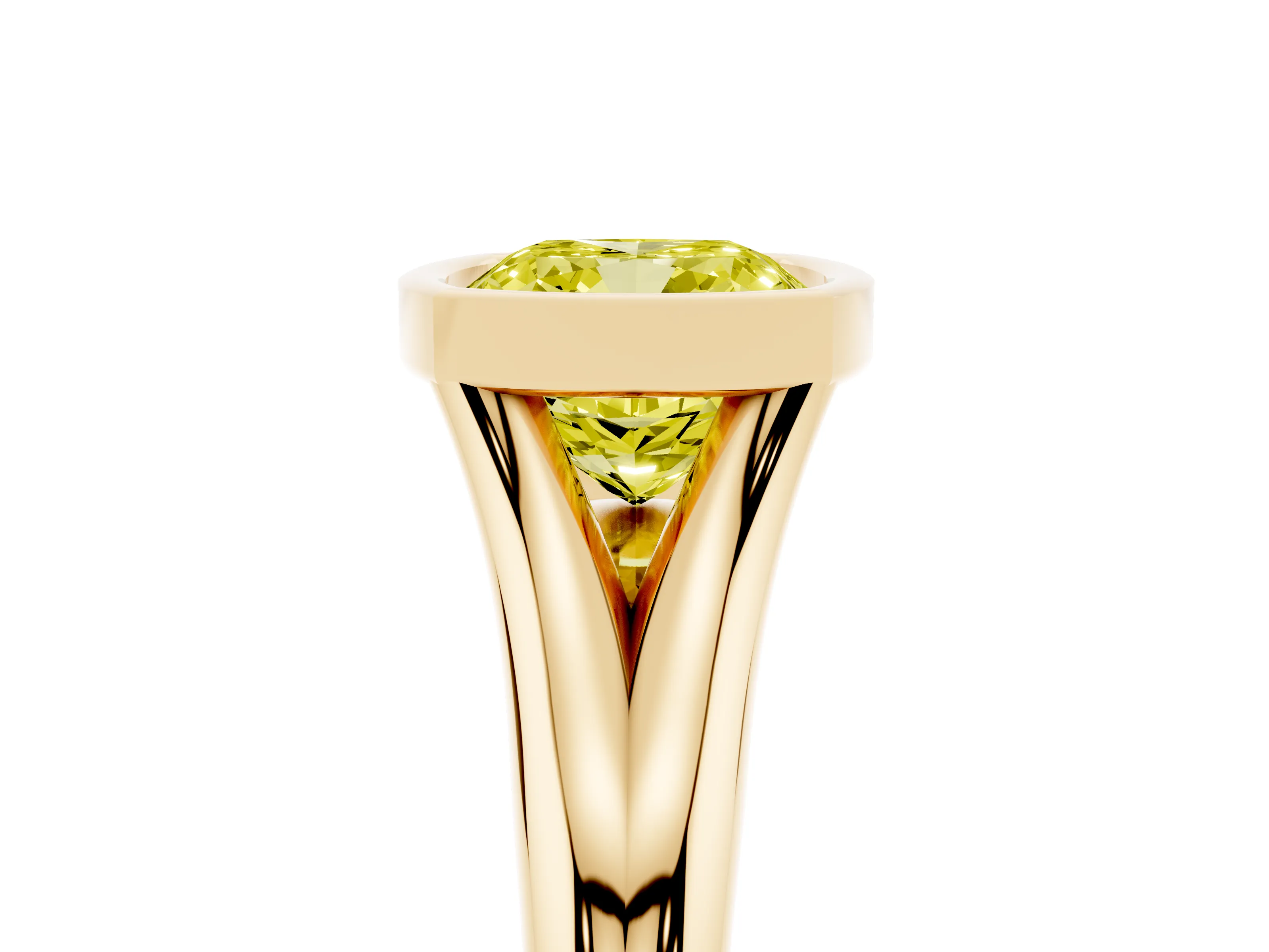 Fancy Yellow Bezel Set Cushion Cut Diamond Solitaire Ring Set in Yellow gold with Smooth Band
