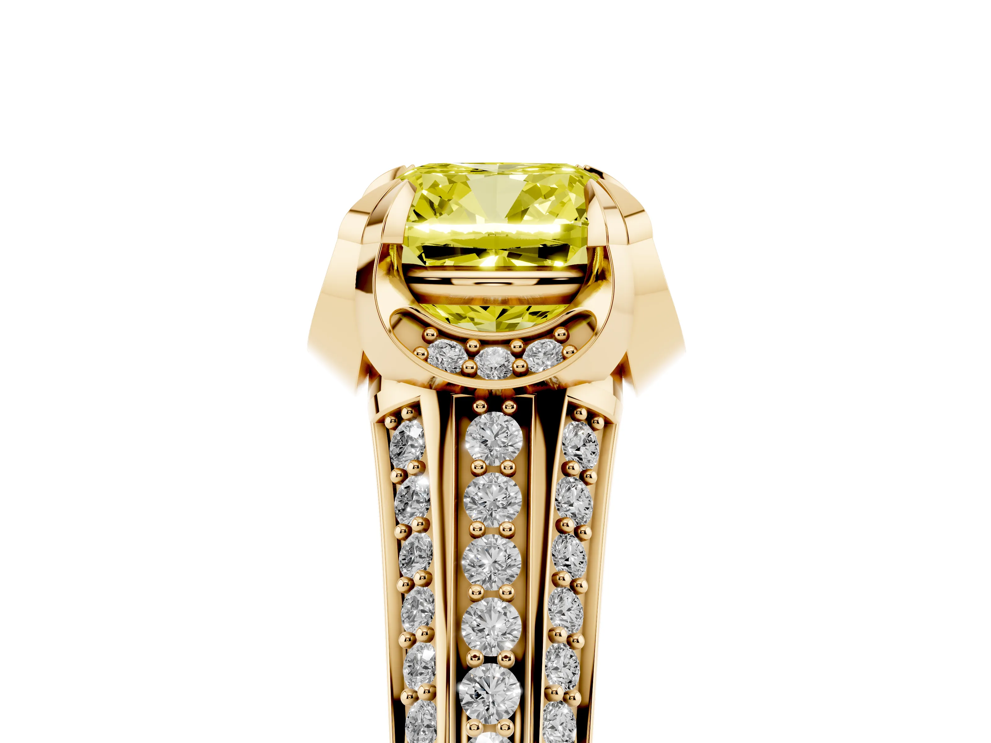 Fancy Yellow Cushion Cut Diamond Pavé Split Shank Solitaire Ring Set in Yellow gold with Prong Setting
