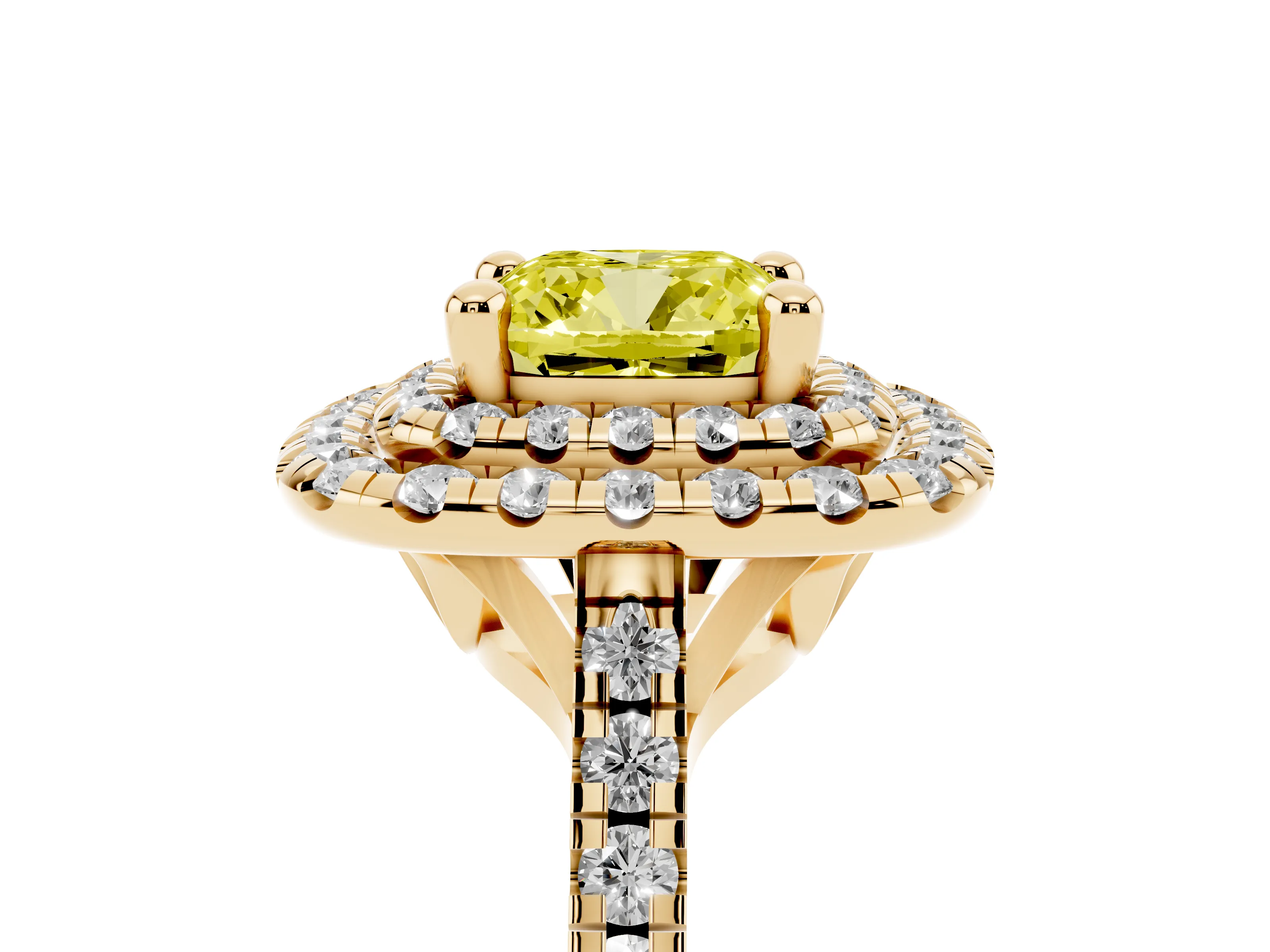 Fancy Yellow Cushion Cut Diamond Double Halo Statement Ring Set in Yellow gold with Pavé Band