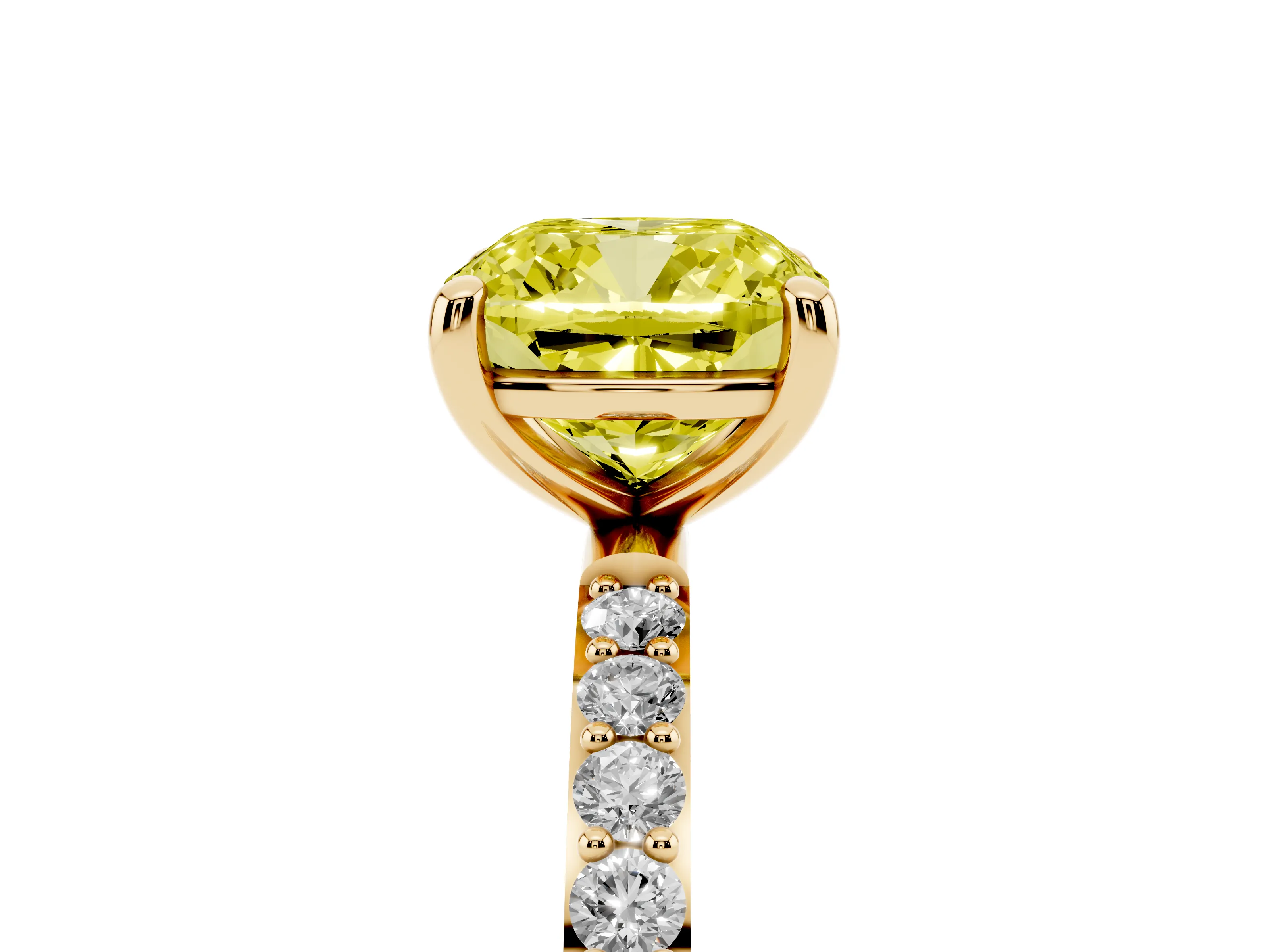 Fancy Yellow Cushion Cut Diamond Solitaire Ring Set in Yellow gold with Round Pavé Band and Prong Setting