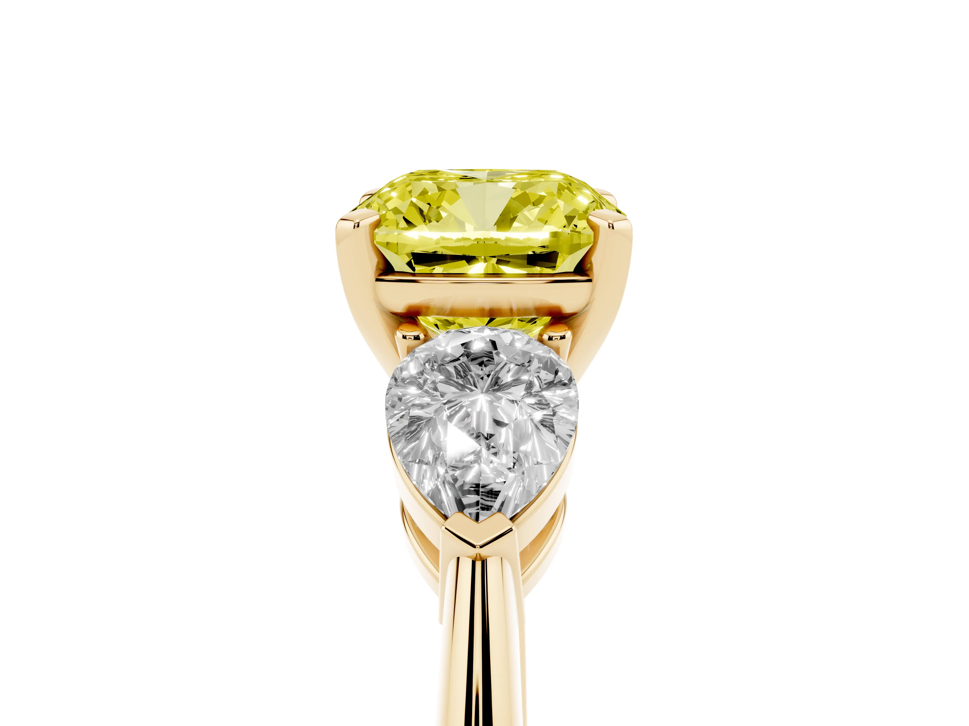 Fancy Yellow Three-Stone Cushion Cut Diamond Ring Set in Yellow gold with Pear Side Stones and Prong Setting