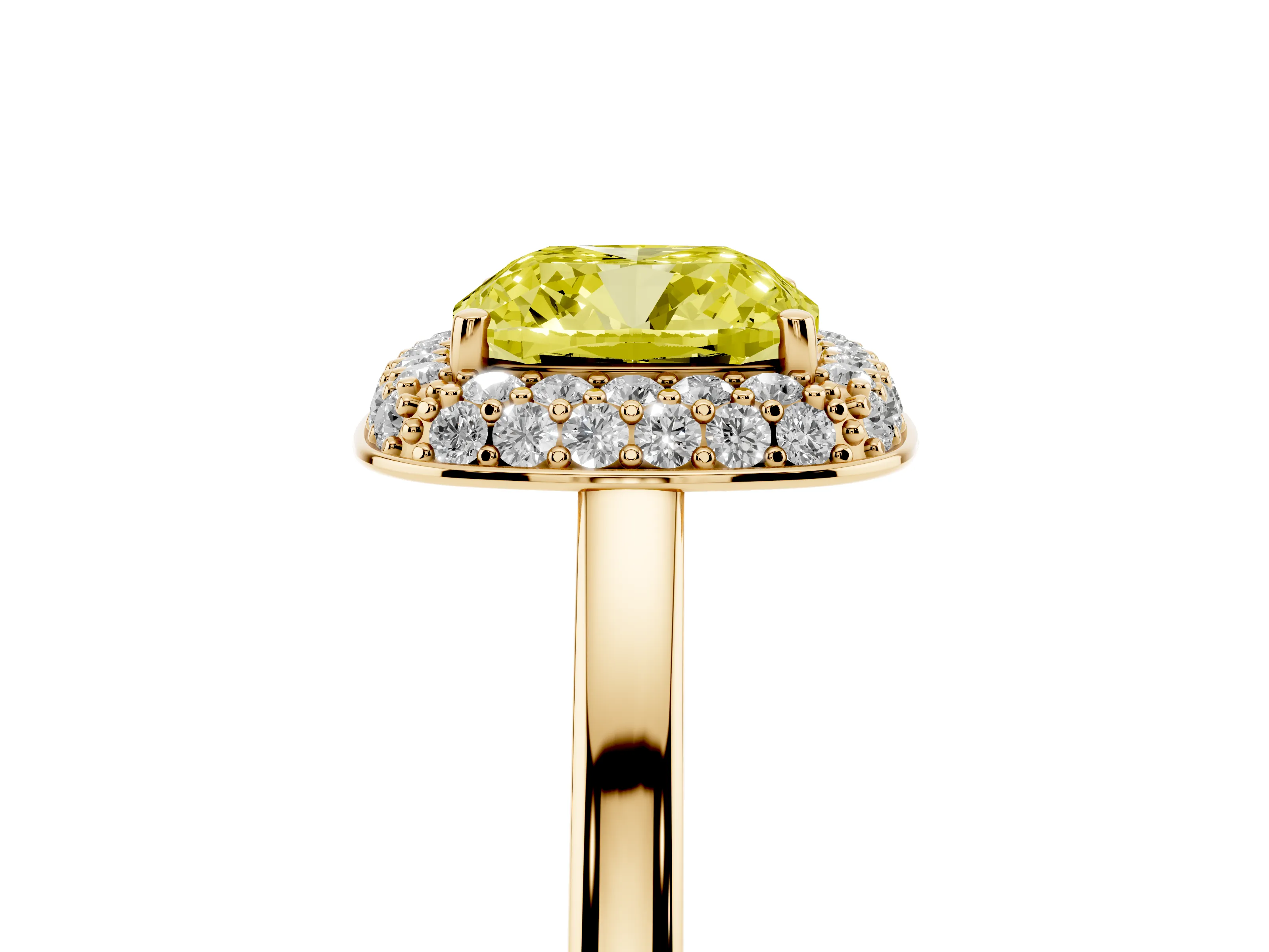 Fancy Yellow Cushion Cut Diamond Halo Engagement Ring Set in Yellow gold with Solitaire Band and Prong Setting